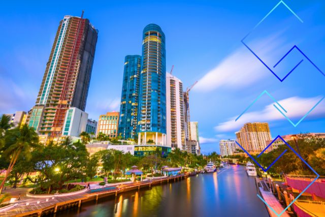 Florida Car Shipping in Fort Lauderdale Waterfront skyline of Fort Lauderdale at dusk, highlighting a key location for Florida car shipping services.