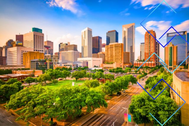 Texas Car Shipping Services in Houston Downtown Houston skyline, representing a central hub for Texas car shipping and vehicle transport services.