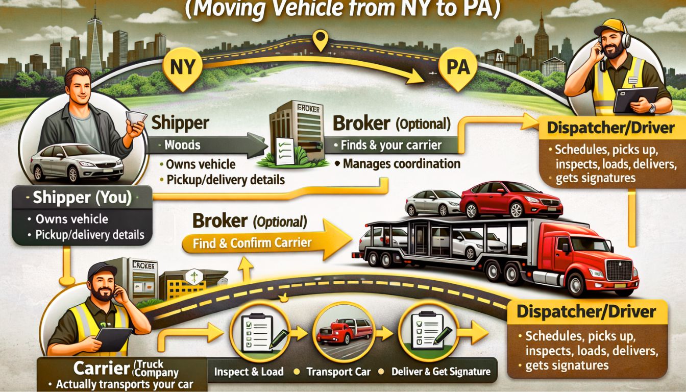 Diagram explaining how car shipping works when moving a vehicle from NY to PA showing key roles—shipper broker optional carrier and dispatcherdriver—and how they coordinate pickup inspectio Diagram explaining how car shipping works when moving a vehicle from NY to PA, showing key roles—shipper, broker (optional), carrier, and dispatcher/driver—and how they coordinate pickup, inspection, transport, delivery, and signatures.