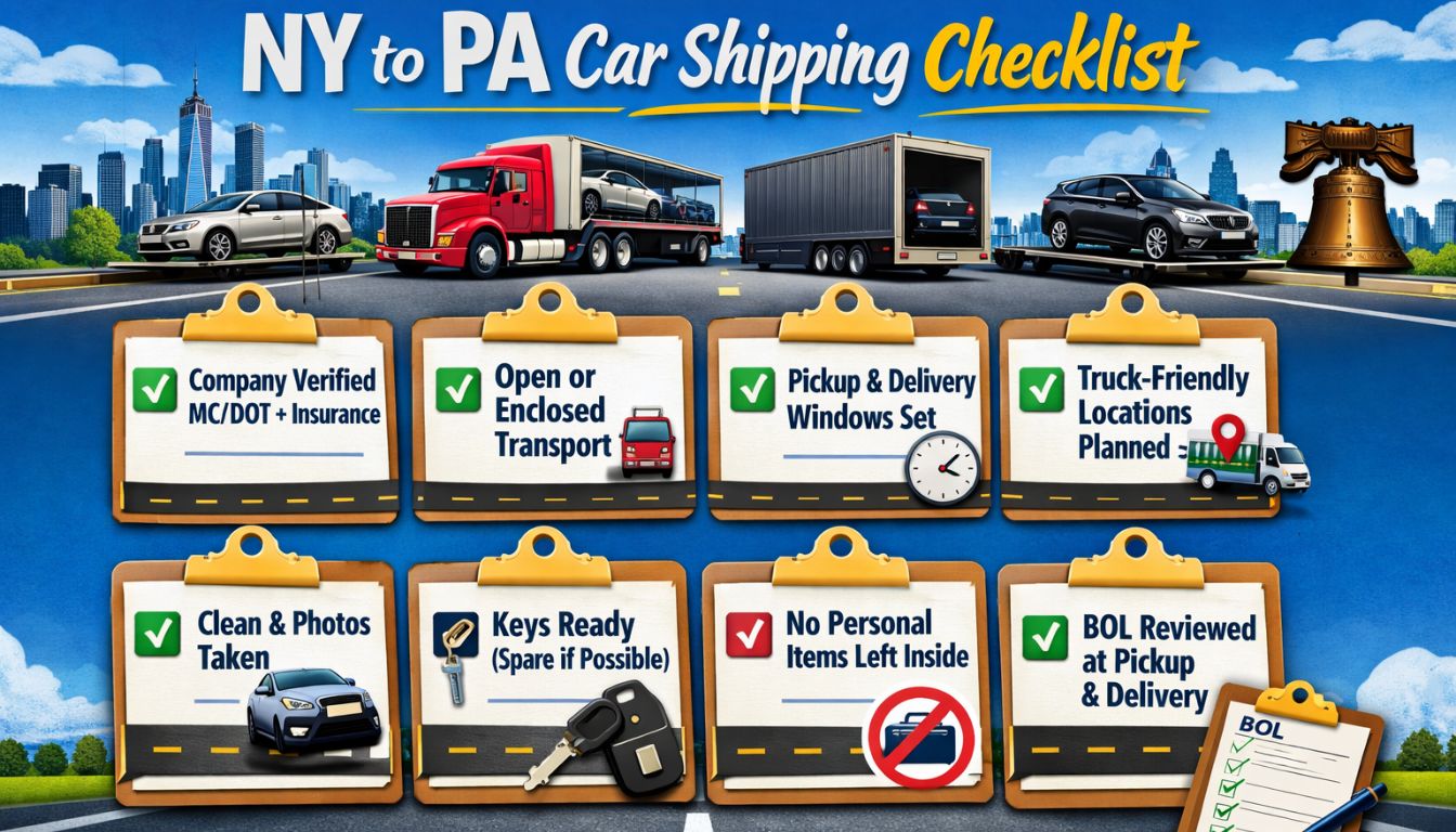 NY to PA car shipping checklist infographic showing a car hauler truck route icons and eight steps verify MCDOT and insurance choose open or enclosed transport set pickupdelivery windows plan NY to PA car shipping checklist infographic showing a car hauler truck, route icons, and eight steps: verify MC/DOT and insurance, choose open or enclosed transport, set pickup/delivery windows, plan truck-friendly locations, wash car and take photos, have keys ready, remove personal items, and review the BOL at pickup and delivery.