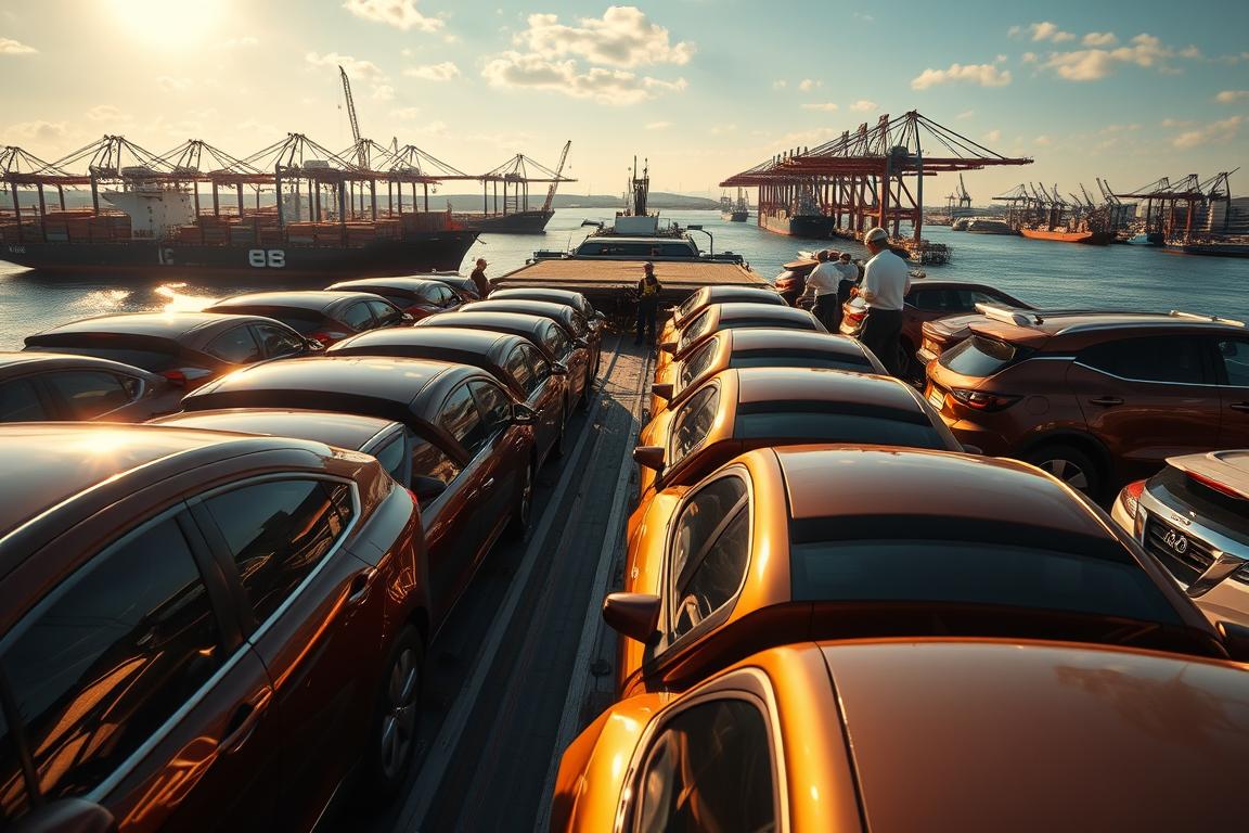 A breathtaking view of a car shipping operation, captured in stunning detail. In the foreground, rows of gleaming vehicles meticulously loaded onto a massive car carrier, their polished surfaces reflecting the warm, golden sunlight. In the middle ground, a team of skilled workers efficiently securing the cargo, their movements choreographed with precision. The background showcases the bustling port, with cranes and cargo ships dotting the horizon, creating a dynamic and industrious atmosphere. The image is framed with a cinematic perspective, utilizing a wide-angle lens to capture the full scale of the operation, drawing the viewer into the scene. The overall mood is one of professionalism, efficiency, and the seamless coordination required to transport vehicles safely and reliably. A breathtaking view of a car shipping operation, captured in stunning detail. In the foreground, rows of gleaming vehicles meticulously loaded onto a massive car carrier, their polished surfaces reflecting the warm, golden sunlight. In the middle ground, a team of skilled workers efficiently securing the cargo, their movements choreographed with precision. The background showcases the bustling port, with cranes and cargo ships dotting the horizon, creating a dynamic and industrious atmosphere. The image is framed with a cinematic perspective, utilizing a wide-angle lens to capture the full scale of the operation, drawing the viewer into the scene. The overall mood is one of professionalism, efficiency, and the seamless coordination required to transport vehicles safely and reliably.