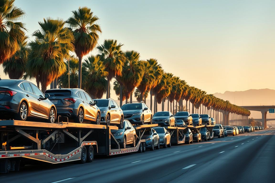 A bustling California highway, with towering palm trees lining the horizon. In the foreground, a fleet of gleaming car carriers transporting a diverse array of vehicles, their sturdy frames and expertly maneuvered ramps showcasing the professionalism of the state's top auto transport companies. Sunlight filters through the sky, casting a warm, golden glow over the scene, creating a sense of reliability and efficiency. The composition is balanced, with the cars in transit positioned prominently, surrounded by the supporting infrastructure of the highway and the natural beauty of the California landscape. The overall impression is one of a well-oiled, dependable system of auto transport services, ready to accommodate the diverse needs of California's drivers. A bustling California highway, with towering palm trees lining the horizon. In the foreground, a fleet of gleaming car carriers transporting a diverse array of vehicles, their sturdy frames and expertly maneuvered ramps showcasing the professionalism of the state's top auto transport companies. Sunlight filters through the sky, casting a warm, golden glow over the scene, creating a sense of reliability and efficiency. The composition is balanced, with the cars in transit positioned prominently, surrounded by the supporting infrastructure of the highway and the natural beauty of the California landscape. The overall impression is one of a well-oiled, dependable system of auto transport services, ready to accommodate the diverse needs of California's drivers.
