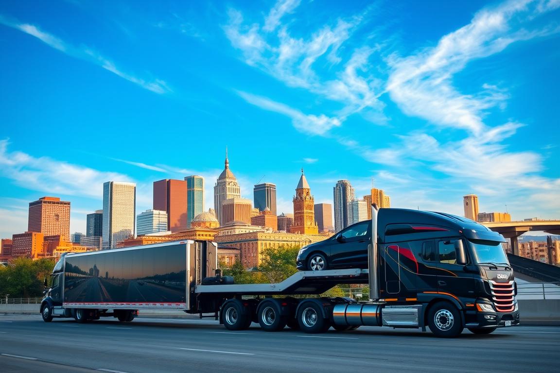 A bustling cityscape of Kansas City, the heart of the Midwest, comes into view. In the foreground, a gleaming auto transport truck stands tall, its trailer ready to safely deliver vehicles across the region. Flanking it, the iconic skyline of Kansas City rises majestically, with its towering skyscrapers and historic landmarks bathed in warm, golden light. The scene conveys a sense of efficiency, reliability, and the city's thriving automotive industry. Overhead, wispy clouds drift across a crisp, azure sky, completing the picturesque setting that captures the essence of fast, dependable auto transport in Kansas City. A bustling cityscape of Kansas City, the heart of the Midwest, comes into view. In the foreground, a gleaming auto transport truck stands tall, its trailer ready to safely deliver vehicles across the region. Flanking it, the iconic skyline of Kansas City rises majestically, with its towering skyscrapers and historic landmarks bathed in warm, golden light. The scene conveys a sense of efficiency, reliability, and the city's thriving automotive industry. Overhead, wispy clouds drift across a crisp, azure sky, completing the picturesque setting that captures the essence of fast, dependable auto transport in Kansas City.
