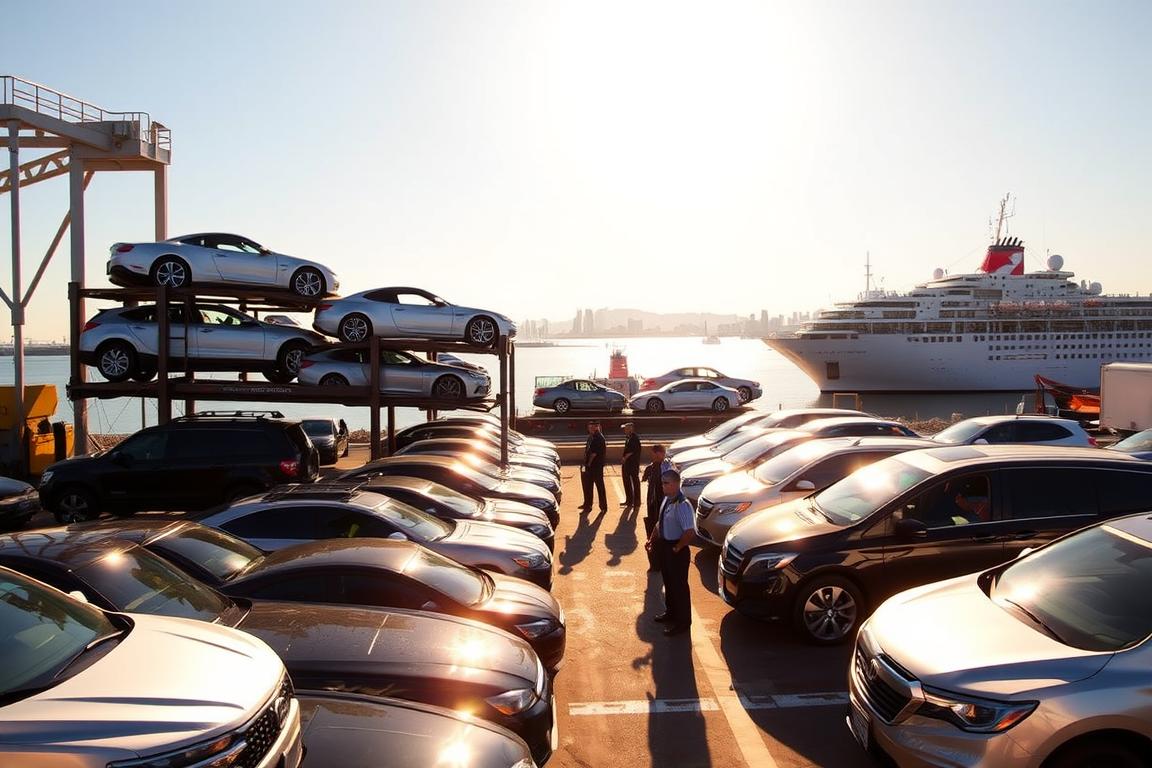 A bustling harbor scene in Long Beach, CA, showcasing a side-by-side comparison of auto transport services. In the foreground, a fleet of shiny vehicles awaits loading onto a towering car carrier. Overhead, a sun-drenched sky casts warm, golden light across the docks. In the middle ground, uniformed operators expertly guide the loading process, while in the background, the iconic Queen Mary and distant cityscape provide a picturesque setting. The scene conveys a sense of efficiency, reliability, and attention to detail - the hallmarks of a premier auto transport provider serving the West Coast. A bustling harbor scene in Long Beach, CA, showcasing a side-by-side comparison of auto transport services. In the foreground, a fleet of shiny vehicles awaits loading onto a towering car carrier. Overhead, a sun-drenched sky casts warm, golden light across the docks. In the middle ground, uniformed operators expertly guide the loading process, while in the background, the iconic Queen Mary and distant cityscape provide a picturesque setting. The scene conveys a sense of efficiency, reliability, and attention to detail - the hallmarks of a premier auto transport provider serving the West Coast.