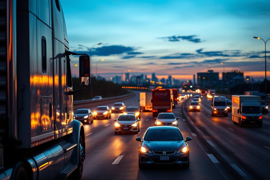 A bustling highway at dusk, with cars and trucks in motion against a backdrop of glowing streetlights and a distant skyline. The foreground is dominated by a semi-truck, its chrome detailing gleaming under the warm, diffused lighting. In the middle ground, a mix of commuter vehicles and delivery vans weave through the traffic, their headlights cutting through the dusk. The background is a cityscape silhouetted by the fading sun, suggesting the passage of time and the ongoing journey of transportation. The overall scene conveys a sense of efficiency, progress, and the importance of reliable transit times in the logistics industry. A bustling highway at dusk, with cars and trucks in motion against a backdrop of glowing streetlights and a distant skyline. The foreground is dominated by a semi-truck, its chrome detailing gleaming under the warm, diffused lighting. In the middle ground, a mix of commuter vehicles and delivery vans weave through the traffic, their headlights cutting through the dusk. The background is a cityscape silhouetted by the fading sun, suggesting the passage of time and the ongoing journey of transportation. The overall scene conveys a sense of efficiency, progress, and the importance of reliable transit times in the logistics industry.