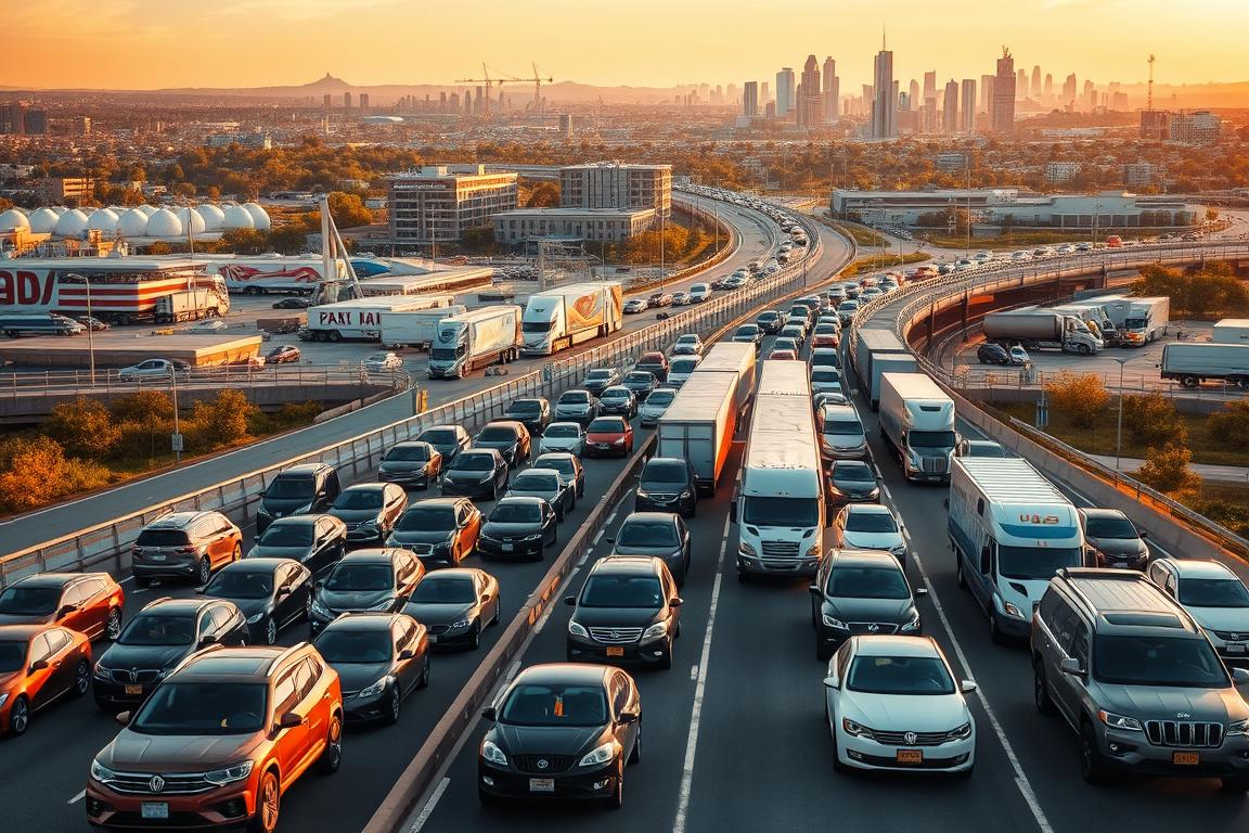A bustling highway interchange with major car shipping routes prominently displayed. In the foreground, a fleet of diverse vehicles - sedans, SUVs, and trucks - awaiting transport. The middle ground features iconic landmarks, buildings, and infrastructure associated with automotive logistics. The background showcases a sweeping panorama of the surrounding cityscape, bathed in warm, golden hour lighting. Crisp, high-resolution details capture the scale and complexity of this popular car shipping hub. A sense of efficiency, reliability, and professional service pervades the scene. A bustling highway interchange with major car shipping routes prominently displayed. In the foreground, a fleet of diverse vehicles - sedans, SUVs, and trucks - awaiting transport. The middle ground features iconic landmarks, buildings, and infrastructure associated with automotive logistics. The background showcases a sweeping panorama of the surrounding cityscape, bathed in warm, golden hour lighting. Crisp, high-resolution details capture the scale and complexity of this popular car shipping hub. A sense of efficiency, reliability, and professional service pervades the scene.