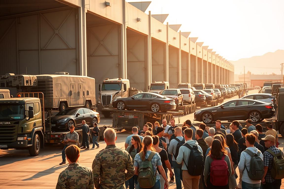 A bustling military transport hub, with an array of camouflaged trucks and armored vehicles. In the foreground, a group of service members oversee the loading of their personal cars onto specialized carriers, their crisp uniforms and disciplined posture conveying a sense of order. In the middle ground, a cluster of college students anxiously wait as their vehicles are meticulously prepared for shipment, their backpacks and casual attire a contrast to the military presence. The background is filled with the towering silhouettes of hangar-like structures, their utilitarian design and muted tones creating a sense of functional efficiency. Warm, directional lighting casts subtle shadows, highlighting the intricate details of the vehicles and the focused expressions of the individuals involved. The overall scene conveys the importance of specialized auto transport for both military and college communities, seamlessly blending the two worlds. A bustling military transport hub, with an array of camouflaged trucks and armored vehicles. In the foreground, a group of service members oversee the loading of their personal cars onto specialized carriers, their crisp uniforms and disciplined posture conveying a sense of order. In the middle ground, a cluster of college students anxiously wait as their vehicles are meticulously prepared for shipment, their backpacks and casual attire a contrast to the military presence. The background is filled with the towering silhouettes of hangar-like structures, their utilitarian design and muted tones creating a sense of functional efficiency. Warm, directional lighting casts subtle shadows, highlighting the intricate details of the vehicles and the focused expressions of the individuals involved. The overall scene conveys the importance of specialized auto transport for both military and college communities, seamlessly blending the two worlds.