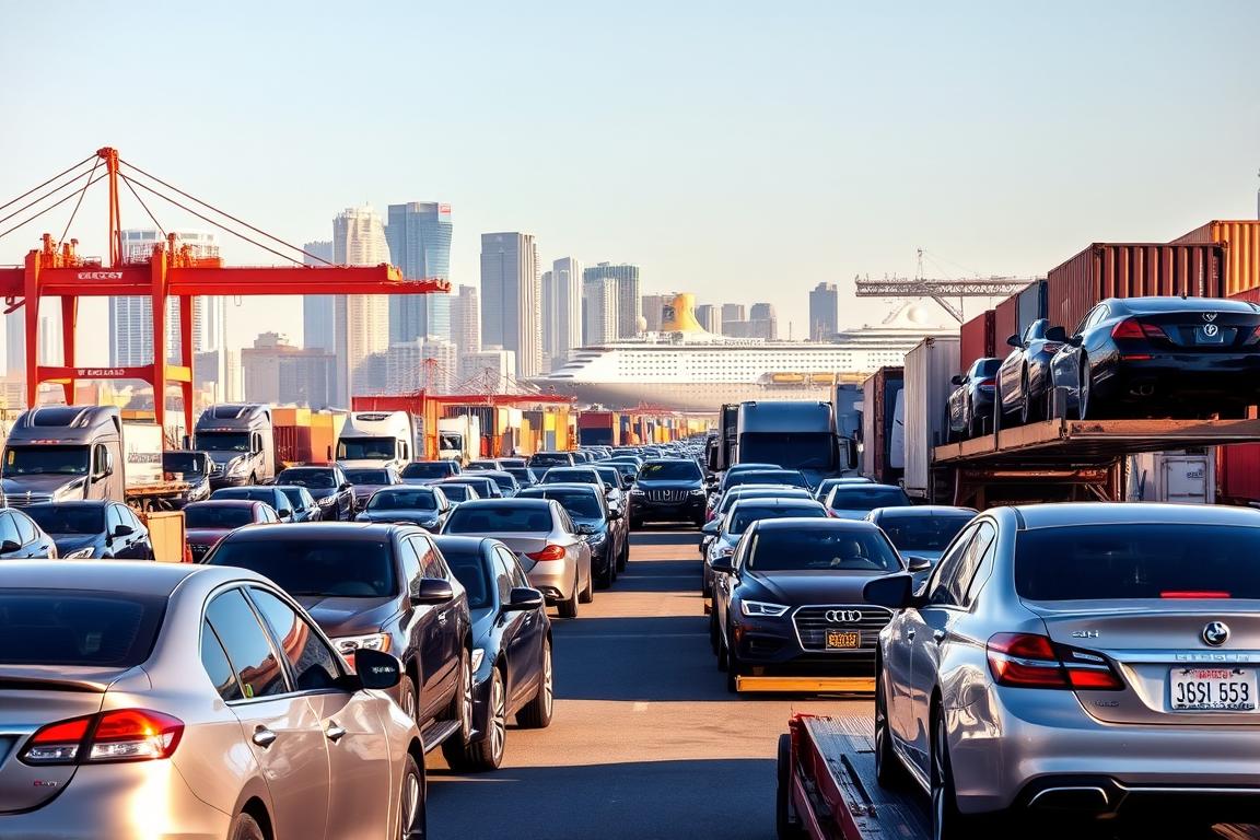 A bustling port scene at Long Beach, California, with a fleet of car carriers and transport trucks loading and unloading vehicles. In the foreground, sleek sedans and SUVs are carefully maneuvered onto the carriers, their chrome and glossy finishes catching the warm, golden light of the sun. In the middle ground, towering gantry cranes and cargo containers create a sense of scale and industrial activity. The background features the iconic Long Beach skyline, with skyscrapers and the iconic Queen Mary cruise ship in the distance, set against a clear, blue sky. The overall atmosphere conveys the efficiency, precision, and importance of the auto transport industry serving the West Coast. A bustling port scene at Long Beach, California, with a fleet of car carriers and transport trucks loading and unloading vehicles. In the foreground, sleek sedans and SUVs are carefully maneuvered onto the carriers, their chrome and glossy finishes catching the warm, golden light of the sun. In the middle ground, towering gantry cranes and cargo containers create a sense of scale and industrial activity. The background features the iconic Long Beach skyline, with skyscrapers and the iconic Queen Mary cruise ship in the distance, set against a clear, blue sky. The overall atmosphere conveys the efficiency, precision, and importance of the auto transport industry serving the West Coast.
