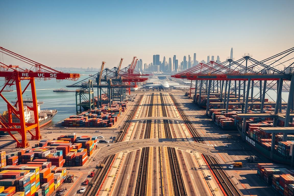 A bustling port scene at Long Beach, California. In the foreground, towering cargo ships stand tall, their hulls laden with colorful shipping containers. Cranes and gantries move in a choreographed dance, efficiently loading and unloading the vessels. The middle ground features a maze of roads and rail lines, facilitating the seamless transport of goods to and from the port. In the distance, the city skyline rises, a testament to the economic importance of this thriving maritime hub. Warm, golden sunlight bathes the scene, creating a sense of productivity and prosperity. Shot with a wide-angle lens to capture the grandeur of the port, this image showcases the advantages of leveraging Long Beach's strategic location for domestic and international shipping. A bustling port scene at Long Beach, California. In the foreground, towering cargo ships stand tall, their hulls laden with colorful shipping containers. Cranes and gantries move in a choreographed dance, efficiently loading and unloading the vessels. The middle ground features a maze of roads and rail lines, facilitating the seamless transport of goods to and from the port. In the distance, the city skyline rises, a testament to the economic importance of this thriving maritime hub. Warm, golden sunlight bathes the scene, creating a sense of productivity and prosperity. Shot with a wide-angle lens to capture the grandeur of the port, this image showcases the advantages of leveraging Long Beach's strategic location for domestic and international shipping.