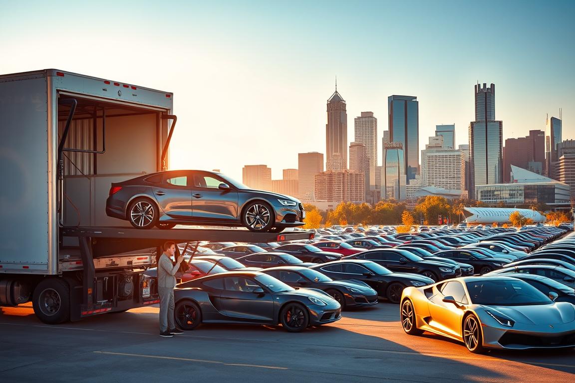 A bustling scene of the Kansas City car shipping process. In the foreground, a large car carrier truck stands ready, its hydraulic lift platform gently lowering to receive a shiny sedan. Nearby, a team of professional auto transporters carefully guide the vehicle onto the carrier's secure loading deck. In the middle ground, the sleek silhouettes of various makes and models await their turn, each one meticulously inspected and prepared for the journey ahead. The background is filled with the vibrant skyline of Kansas City, its modern skyscrapers and iconic landmarks providing a dynamic backdrop to the efficient, well-orchestrated logistics of the car shipping operation. Warm, golden sunlight bathes the scene, creating a sense of efficiency, reliability, and professionalism that encapsulates the Kansas City car shipping experience. A bustling scene of the Kansas City car shipping process. In the foreground, a large car carrier truck stands ready, its hydraulic lift platform gently lowering to receive a shiny sedan. Nearby, a team of professional auto transporters carefully guide the vehicle onto the carrier's secure loading deck. In the middle ground, the sleek silhouettes of various makes and models await their turn, each one meticulously inspected and prepared for the journey ahead. The background is filled with the vibrant skyline of Kansas City, its modern skyscrapers and iconic landmarks providing a dynamic backdrop to the efficient, well-orchestrated logistics of the car shipping operation. Warm, golden sunlight bathes the scene, creating a sense of efficiency, reliability, and professionalism that encapsulates the Kansas City car shipping experience.