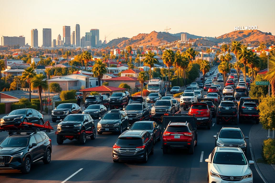 A bustling urban scene of Los Angeles, captured through the lens of a high-quality digital camera. In the foreground, a fleet of diverse car carrier vehicles navigates the winding streets, their robust frames and powerful engines transporting a variety of automobiles. The middle ground features vibrant neighborhoods, with towering skyscrapers, lush palm trees, and a glimpse of the iconic Hollywood sign in the distance. The background is illuminated by the warm glow of the California sun, casting a golden hue over the entire landscape. The overall atmosphere exudes a sense of energy, efficiency, and the relentless motion of the city's automotive ecosystem. A bustling urban scene of Los Angeles, captured through the lens of a high-quality digital camera. In the foreground, a fleet of diverse car carrier vehicles navigates the winding streets, their robust frames and powerful engines transporting a variety of automobiles. The middle ground features vibrant neighborhoods, with towering skyscrapers, lush palm trees, and a glimpse of the iconic Hollywood sign in the distance. The background is illuminated by the warm glow of the California sun, casting a golden hue over the entire landscape. The overall atmosphere exudes a sense of energy, efficiency, and the relentless motion of the city's automotive ecosystem.