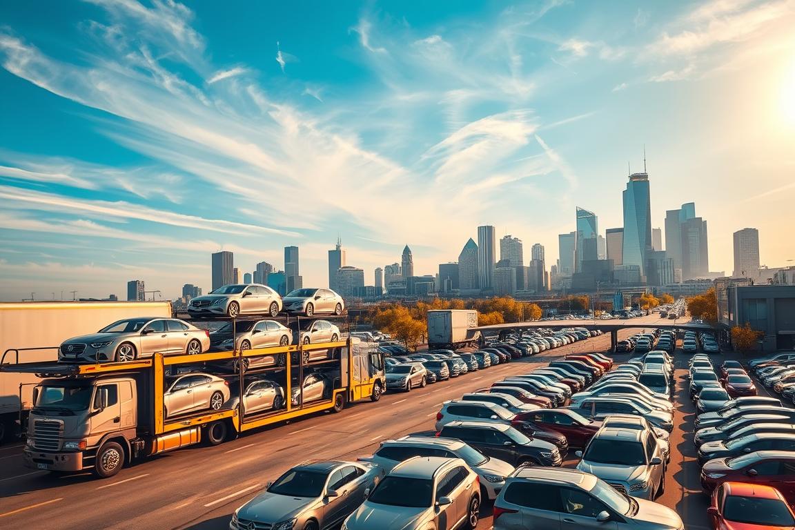 A busy auto transport hub in the heart of Kansas City, with rows of shiny cars and trucks awaiting their next destination. The foreground features a sleek, silver car carrier truck, its trailer filled with neatly stacked vehicles ready for transport. In the middle ground, a bustling parking lot filled with various makes and models, all waiting to be shipped to their new owners. The background showcases the iconic skyline of Kansas City, with its towering skyscrapers and landmarks against a vibrant blue sky, accented by wispy clouds. The scene is illuminated by warm, golden sunlight, casting long shadows and creating a sense of energy and movement. The overall atmosphere conveys the efficiency and reliability of the auto transport industry in this thriving metropolitan area. A busy auto transport hub in the heart of Kansas City, with rows of shiny cars and trucks awaiting their next destination. The foreground features a sleek, silver car carrier truck, its trailer filled with neatly stacked vehicles ready for transport. In the middle ground, a bustling parking lot filled with various makes and models, all waiting to be shipped to their new owners. The background showcases the iconic skyline of Kansas City, with its towering skyscrapers and landmarks against a vibrant blue sky, accented by wispy clouds. The scene is illuminated by warm, golden sunlight, casting long shadows and creating a sense of energy and movement. The overall atmosphere conveys the efficiency and reliability of the auto transport industry in this thriving metropolitan area.