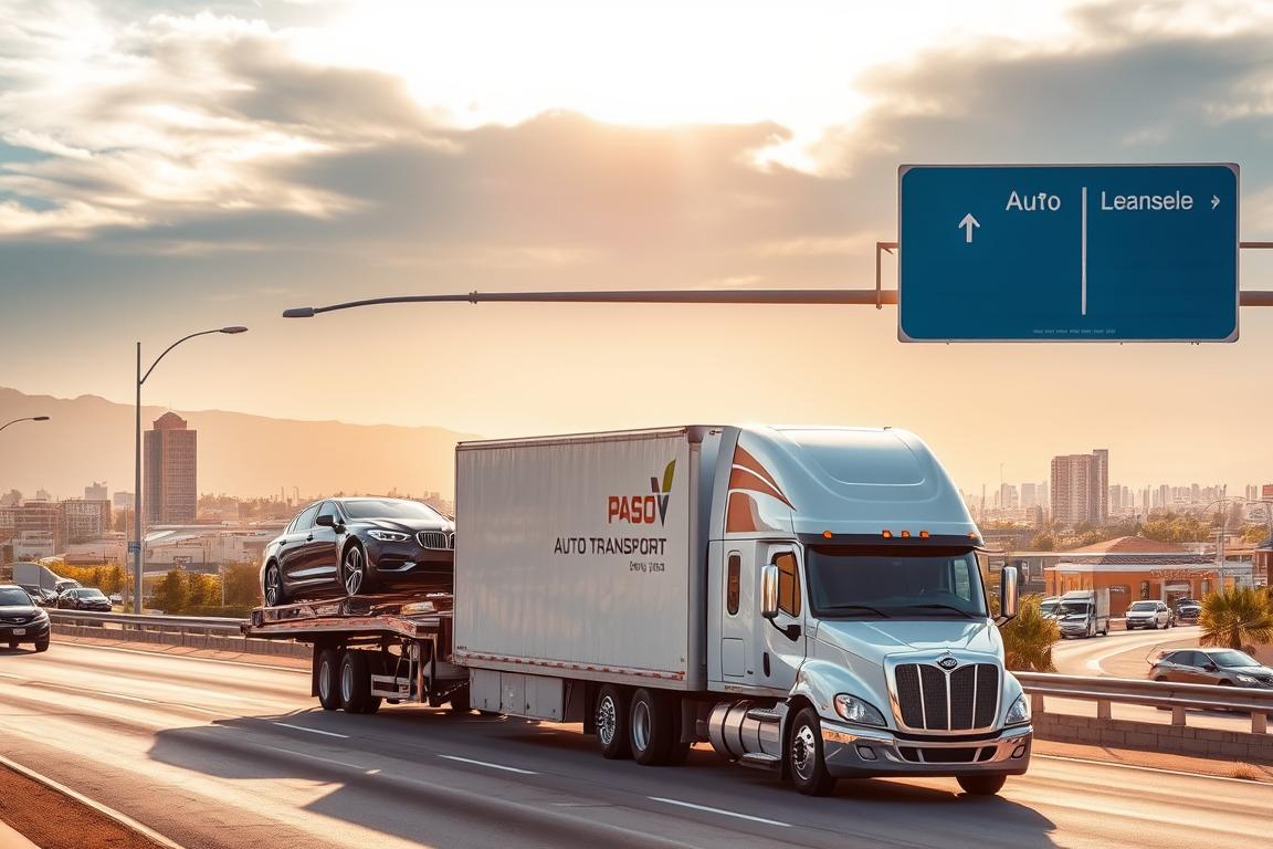 A busy highway intersection with a professional auto transport truck in the foreground, gently loading a car onto its specialized trailer. The background features the vibrant cityscape of El Paso, TX, with the Franklin Mountains providing a striking natural backdrop. Warm, diffused sunlight filters through wispy clouds, casting a golden glow over the scene. The truck's logo and branding prominently displayed, conveying the reliability and expertise of a professional auto transport service. The image highlights the convenience, safety, and peace of mind that choosing a dedicated car shipping provider can offer in the El Paso region. A busy highway intersection with a professional auto transport truck in the foreground, gently loading a car onto its specialized trailer. The background features the vibrant cityscape of El Paso, TX, with the Franklin Mountains providing a striking natural backdrop. Warm, diffused sunlight filters through wispy clouds, casting a golden glow over the scene. The truck's logo and branding prominently displayed, conveying the reliability and expertise of a professional auto transport service. The image highlights the convenience, safety, and peace of mind that choosing a dedicated car shipping provider can offer in the El Paso region.