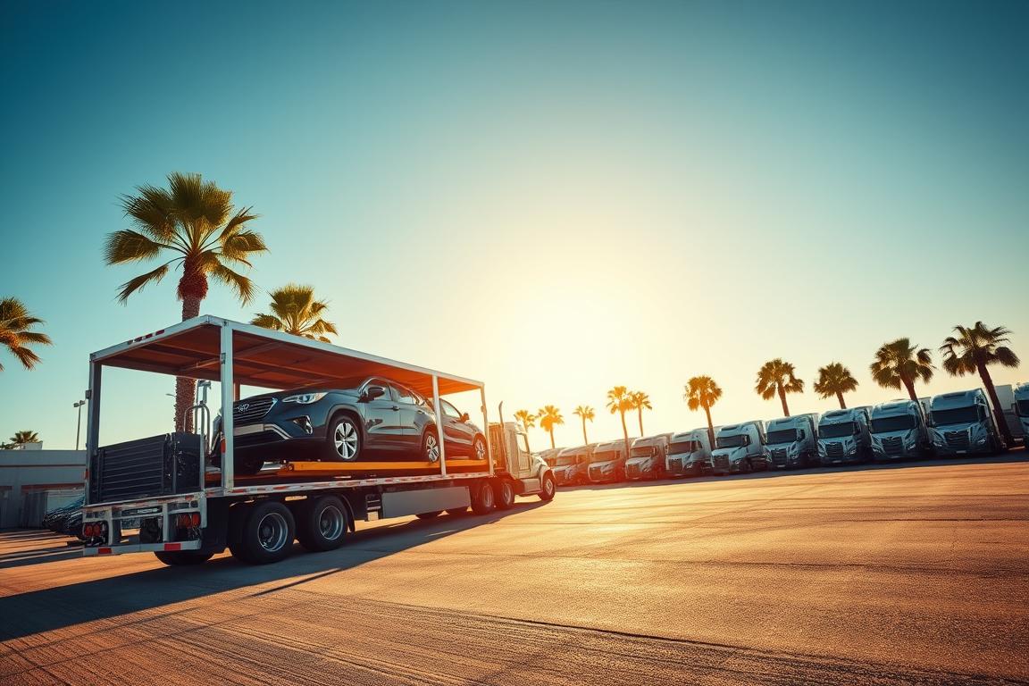 A car shipping truck stands in the foreground, its trailer loaded with gleaming automobiles ready for transport. Sunlight casts warm, golden tones across the scene, as the truck is parked in a paved lot surrounded by palm trees and clear blue skies. In the distance, a row of neatly organized auto transport trucks awaits their cargo, creating a sense of efficiency and professionalism. The camera angle is slightly low, emphasizing the size and power of the vehicles, while the composition draws the eye towards the center of the image, highlighting the car transport process. The overall atmosphere conveys a sense of reliable, high-quality auto transport services in Sarasota. A car shipping truck stands in the foreground, its trailer loaded with gleaming automobiles ready for transport. Sunlight casts warm, golden tones across the scene, as the truck is parked in a paved lot surrounded by palm trees and clear blue skies. In the distance, a row of neatly organized auto transport trucks awaits their cargo, creating a sense of efficiency and professionalism. The camera angle is slightly low, emphasizing the size and power of the vehicles, while the composition draws the eye towards the center of the image, highlighting the car transport process. The overall atmosphere conveys a sense of reliable, high-quality auto transport services in Sarasota.
