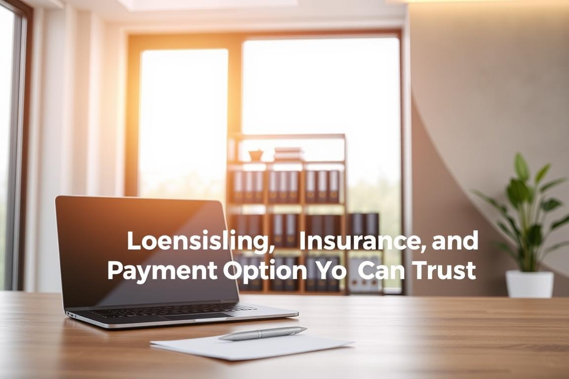 A contemporary office interior with a sleek, professional atmosphere. In the foreground, a laptop and pen rest on a minimalist wooden desk, symbolizing the digital and manual aspects of insurance payment options. Behind it, a large window floods the room with warm, natural light, casting a soft glow on the scene. In the middle ground, a modern bookshelf displays organized folders and documents, hinting at the licensing and legal considerations. The background features a neutral-toned accent wall, emphasizing the reliable, trustworthy nature of the services. The overall composition conveys a sense of order, efficiency, and transparency, reflecting the key aspects of the "Licensing, Insurance, and Payment Options You Can Trust" section. A contemporary office interior with a sleek, professional atmosphere. In the foreground, a laptop and pen rest on a minimalist wooden desk, symbolizing the digital and manual aspects of insurance payment options. Behind it, a large window floods the room with warm, natural light, casting a soft glow on the scene. In the middle ground, a modern bookshelf displays organized folders and documents, hinting at the licensing and legal considerations. The background features a neutral-toned accent wall, emphasizing the reliable, trustworthy nature of the services. The overall composition conveys a sense of order, efficiency, and transparency, reflecting the key aspects of the "Licensing, Insurance, and Payment Options You Can Trust" section.