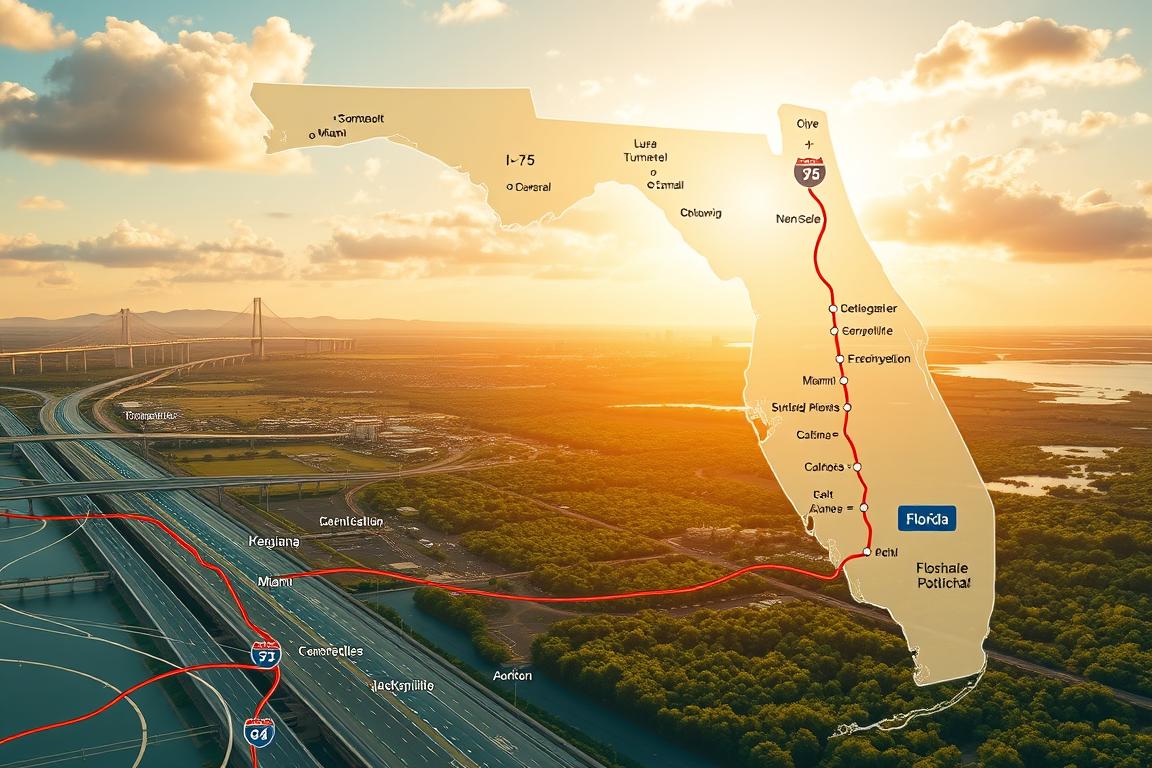 A detailed map of the most common auto transport routes across Florida, showcased against a panoramic backdrop of the state's diverse landscapes. The foreground depicts major highways and interstates, including I-75, I-4, and the Florida Turnpike, with precise timing indications for popular destinations like Tampa, Miami, and Jacksonville. The middle ground features rolling hills, lush forests, and sun-drenched coastal regions, creating a sense of the varied terrain traversed by transport vehicles. In the background, iconic landmarks such as the Sunshine Skyway Bridge and the Everglades National Park subtly frame the scene, evoking the unique character of the Sunshine State. Soft, warm lighting casts a golden glow, conveying the comfortable, reliable nature of Florida's transportation infrastructure. A detailed map of the most common auto transport routes across Florida, showcased against a panoramic backdrop of the state's diverse landscapes. The foreground depicts major highways and interstates, including I-75, I-4, and the Florida Turnpike, with precise timing indications for popular destinations like Tampa, Miami, and Jacksonville. The middle ground features rolling hills, lush forests, and sun-drenched coastal regions, creating a sense of the varied terrain traversed by transport vehicles. In the background, iconic landmarks such as the Sunshine Skyway Bridge and the Everglades National Park subtly frame the scene, evoking the unique character of the Sunshine State. Soft, warm lighting casts a golden glow, conveying the comfortable, reliable nature of Florida's transportation infrastructure.
