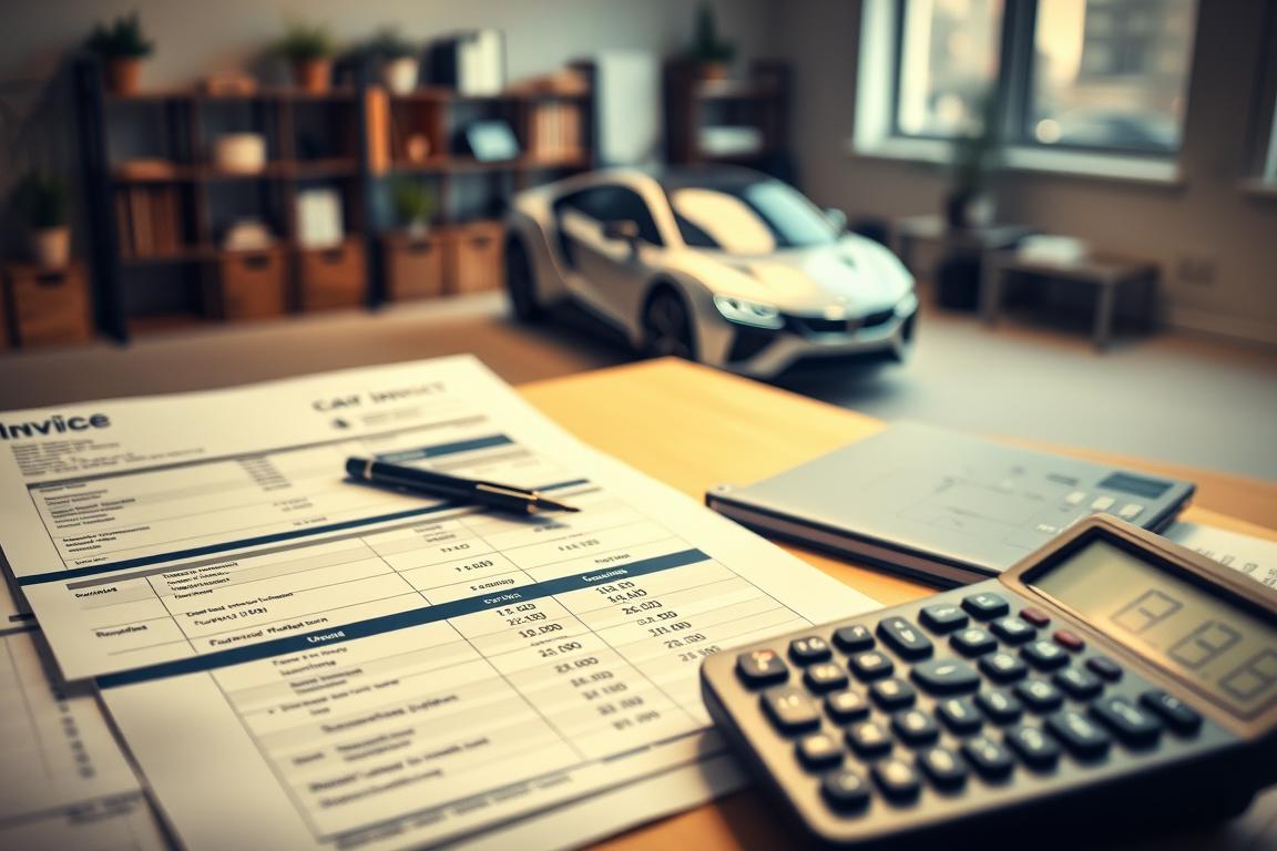 A detailed, meticulously crafted view of car shipping costs and pricing elements. In the foreground, a well-lit, high-angle shot showcases an array of invoice documents, price lists, and a calculator displaying various numerical data. In the middle ground, a car is prominently featured, conveying the core subject matter. The background is softly blurred, featuring a minimalist office setting with a desk, shelves, and subtle hints of professional organization. Warm, subtle lighting creates a sense of clarity and thoughtfulness, complementing the analytical yet practical atmosphere. A detailed, meticulously crafted view of car shipping costs and pricing elements. In the foreground, a well-lit, high-angle shot showcases an array of invoice documents, price lists, and a calculator displaying various numerical data. In the middle ground, a car is prominently featured, conveying the core subject matter. The background is softly blurred, featuring a minimalist office setting with a desk, shelves, and subtle hints of professional organization. Warm, subtle lighting creates a sense of clarity and thoughtfulness, complementing the analytical yet practical atmosphere.