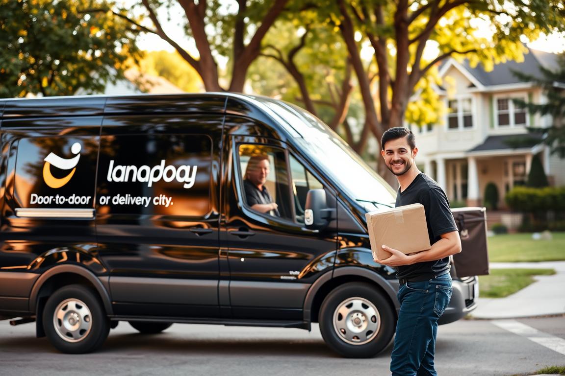 A door-to-door delivery service in Kansas City, with a sleek black delivery van parked on a quiet, tree-lined residential street. The van's logo and branding are prominently displayed, conveying a sense of professionalism and reliability. In the foreground, a smiling delivery person hands a package to a homeowner, highlighting the personal touch and convenience of the service. Warm, natural lighting bathes the scene, creating a welcoming and inviting atmosphere. The background features well-maintained homes and lush greenery, reflecting the upscale and family-friendly nature of the neighborhood. A door-to-door delivery service in Kansas City, with a sleek black delivery van parked on a quiet, tree-lined residential street. The van's logo and branding are prominently displayed, conveying a sense of professionalism and reliability. In the foreground, a smiling delivery person hands a package to a homeowner, highlighting the personal touch and convenience of the service. Warm, natural lighting bathes the scene, creating a welcoming and inviting atmosphere. The background features well-maintained homes and lush greenery, reflecting the upscale and family-friendly nature of the neighborhood.