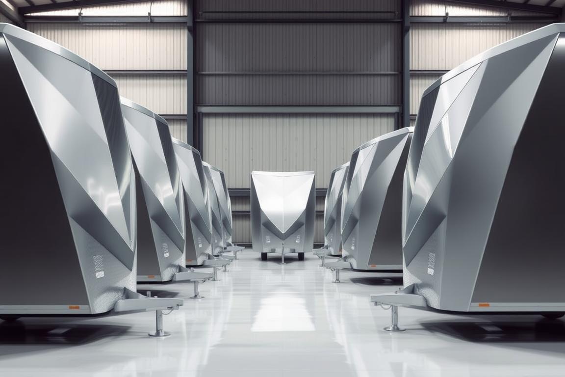 A fleet of modern, aerodynamic trailers stand in a pristine, industrial setting. The trailers feature a sleek, angular design with smooth lines and a metallic finish that gleams under the soft, diffused lighting. The trailers are arranged in a symmetrical layout, suggesting a sense of order and efficiency. In the background, a towering warehouse or distribution center provides a sturdy, functional backdrop, reinforcing the commercial and practical nature of the scene. The overall mood is one of precision, reliability, and high-quality engineering, perfectly suited to convey the "fleet-grade" nature of the equipment. A fleet of modern, aerodynamic trailers stand in a pristine, industrial setting. The trailers feature a sleek, angular design with smooth lines and a metallic finish that gleams under the soft, diffused lighting. The trailers are arranged in a symmetrical layout, suggesting a sense of order and efficiency. In the background, a towering warehouse or distribution center provides a sturdy, functional backdrop, reinforcing the commercial and practical nature of the scene. The overall mood is one of precision, reliability, and high-quality engineering, perfectly suited to convey the "fleet-grade" nature of the equipment.