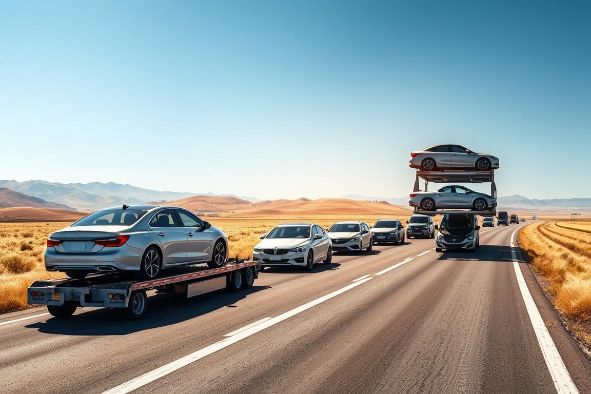 A fleet of modern car transport trucks meticulously arranged on a sleek, grey highway. In the foreground, a large semi-trailer truck gently lowers a brand new sedan onto its hydraulic car carrier platform. In the middle ground, several other trucks are transporting a diverse range of vehicles, from compact hatchbacks to towering SUVs. The background features a vast, open landscape with rolling hills and a clear, blue sky, creating a sense of scale and distance. Warm, directional lighting casts long shadows, emphasizing the size and power of the transport vehicles. The overall scene conveys a sense of efficiency, reliability, and affordability in the auto shipping industry. A fleet of modern car transport trucks meticulously arranged on a sleek, grey highway. In the foreground, a large semi-trailer truck gently lowers a brand new sedan onto its hydraulic car carrier platform. In the middle ground, several other trucks are transporting a diverse range of vehicles, from compact hatchbacks to towering SUVs. The background features a vast, open landscape with rolling hills and a clear, blue sky, creating a sense of scale and distance. Warm, directional lighting casts long shadows, emphasizing the size and power of the transport vehicles. The overall scene conveys a sense of efficiency, reliability, and affordability in the auto shipping industry.