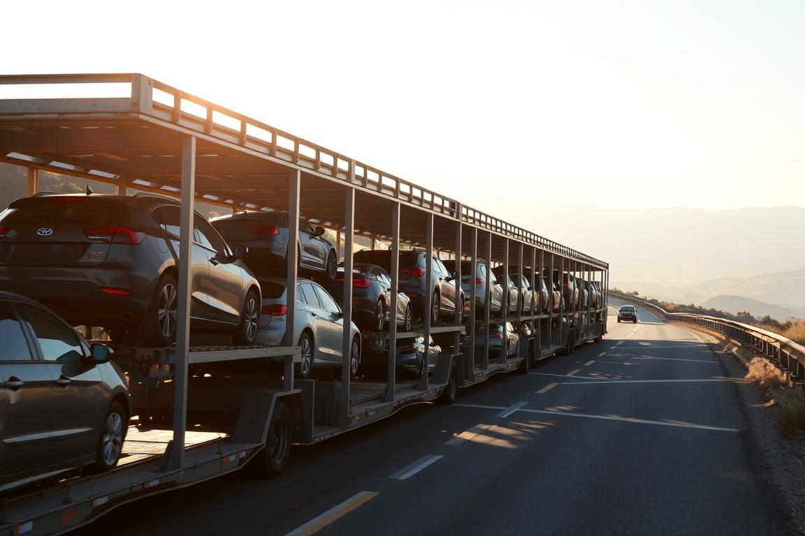 A fleet of open-air car carriers traversing a winding highway, the sun casting long shadows over the rows of automobiles securely fastened to their platforms. The carriers' sturdy steel frames and hydraulic lifts prominently displayed, conveying the efficient transport of standard passenger vehicles. The scene exudes a sense of industrial progress, with the open-air design allowing for easy loading and unloading of the cars. The background is a panoramic landscape of rolling hills and distant mountains, creating a picturesque backdrop for this essential component of the automotive logistics industry. A fleet of open-air car carriers traversing a winding highway, the sun casting long shadows over the rows of automobiles securely fastened to their platforms. The carriers' sturdy steel frames and hydraulic lifts prominently displayed, conveying the efficient transport of standard passenger vehicles. The scene exudes a sense of industrial progress, with the open-air design allowing for easy loading and unloading of the cars. The background is a panoramic landscape of rolling hills and distant mountains, creating a picturesque backdrop for this essential component of the automotive logistics industry.