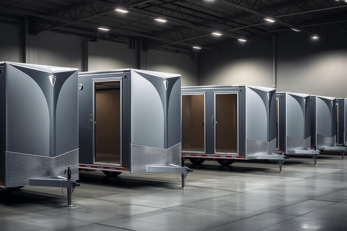A fleet of sleek, well-designed enclosed car trailers parked in a spacious, well-lit facility. The trailers feature a smooth, aerodynamic exterior in shades of silver and gray, with bold, angular lines that convey a sense of power and efficiency. The interiors are meticulously organized, with secure tie-down points and ample space for transporting multiple vehicles. Soft, directional lighting illuminates the scene, casting subtle shadows and highlighting the trailers' contours. The overall atmosphere exudes a sense of professionalism, reliability, and attention to detail – exactly the qualities one would expect from a high-quality car hauler fleet. A fleet of sleek, well-designed enclosed car trailers parked in a spacious, well-lit facility. The trailers feature a smooth, aerodynamic exterior in shades of silver and gray, with bold, angular lines that convey a sense of power and efficiency. The interiors are meticulously organized, with secure tie-down points and ample space for transporting multiple vehicles. Soft, directional lighting illuminates the scene, casting subtle shadows and highlighting the trailers' contours. The overall atmosphere exudes a sense of professionalism, reliability, and attention to detail – exactly the qualities one would expect from a high-quality car hauler fleet.