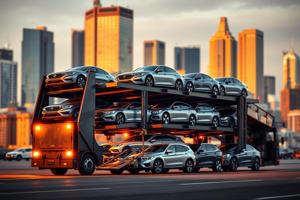 A large commercial car carrier vehicle, with multiple decks for transporting several cars at once, stands prominently in the foreground against a blurred urban background. The carrier is illuminated by warm, directional lighting, casting dramatic shadows and highlights that accentuate its sleek, angular design. The middle ground features a fleet of diverse passenger vehicles being loaded onto the carrier's hydraulic ramps, emphasizing the scale and efficiency of the operation. The background depicts a bustling cityscape with towering skyscrapers, suggesting the importance of this car transport system for urban centers. The overall scene conveys a sense of industrial precision and the critical role these specialized vehicles play in the safe and reliable movement of automobiles. A large commercial car carrier vehicle, with multiple decks for transporting several cars at once, stands prominently in the foreground against a blurred urban background. The carrier is illuminated by warm, directional lighting, casting dramatic shadows and highlights that accentuate its sleek, angular design. The middle ground features a fleet of diverse passenger vehicles being loaded onto the carrier's hydraulic ramps, emphasizing the scale and efficiency of the operation. The background depicts a bustling cityscape with towering skyscrapers, suggesting the importance of this car transport system for urban centers. The overall scene conveys a sense of industrial precision and the critical role these specialized vehicles play in the safe and reliable movement of automobiles.