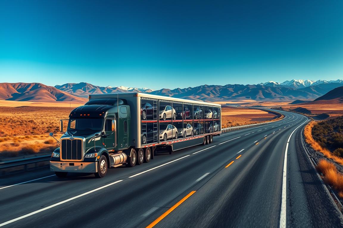 A large semi-trailer truck with an enclosed car hauler, transporting a diverse collection of cars from various manufacturers. The scene is set against a backdrop of vast, open highways winding through picturesque American landscapes, with rolling hills, majestic mountains, and clear blue skies. The lighting is soft and warm, creating a sense of serene tranquility. The camera angle is slightly elevated, providing a panoramic view that captures the scale and efficiency of the nationwide car shipping operation. The overall mood conveys reliability, accessibility, and the ability to deliver vehicles safely to any destination, including Alaska, Hawaii, and Puerto Rico. A large semi-trailer truck with an enclosed car hauler, transporting a diverse collection of cars from various manufacturers. The scene is set against a backdrop of vast, open highways winding through picturesque American landscapes, with rolling hills, majestic mountains, and clear blue skies. The lighting is soft and warm, creating a sense of serene tranquility. The camera angle is slightly elevated, providing a panoramic view that captures the scale and efficiency of the nationwide car shipping operation. The overall mood conveys reliability, accessibility, and the ability to deliver vehicles safely to any destination, including Alaska, Hawaii, and Puerto Rico.