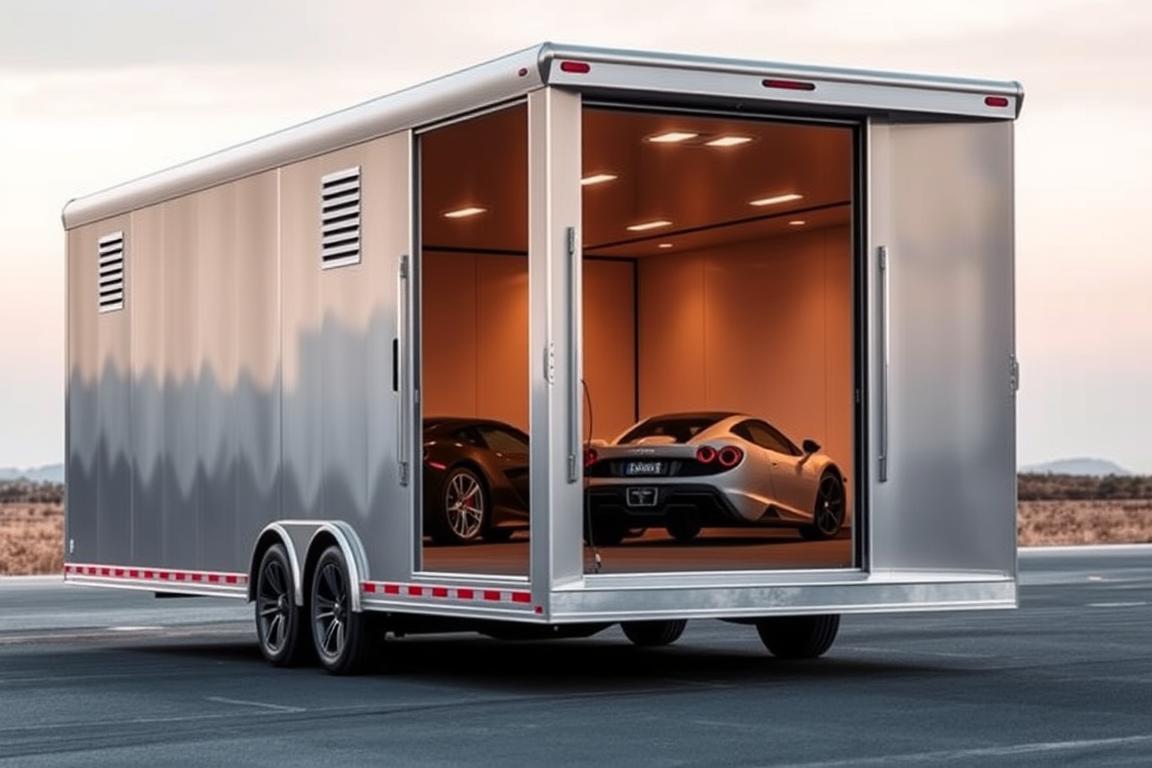 A large, sturdy 2 car hauler enclosed trailer rests on a flat, paved surface. The trailer's exterior is a sleek, metallic silver hue, with bold, angular designs that convey power and efficiency. The front of the trailer features a detailed, aerodynamic cab that seamlessly transitions into the main body. The sides are adorned with recessed panels and vents, allowing for optimal airflow and climate control. The rear of the trailer has a tall, broad opening, revealing the secure, padded interior designed to safely transport two high-end vehicles. Soft, warm lighting emanates from within, casting a gentle glow. The scene is captured from a slightly elevated angle, emphasizing the trailer's imposing presence and commanding stance. A large, sturdy 2 car hauler enclosed trailer rests on a flat, paved surface. The trailer's exterior is a sleek, metallic silver hue, with bold, angular designs that convey power and efficiency. The front of the trailer features a detailed, aerodynamic cab that seamlessly transitions into the main body. The sides are adorned with recessed panels and vents, allowing for optimal airflow and climate control. The rear of the trailer has a tall, broad opening, revealing the secure, padded interior designed to safely transport two high-end vehicles. Soft, warm lighting emanates from within, casting a gentle glow. The scene is captured from a slightly elevated angle, emphasizing the trailer's imposing presence and commanding stance.