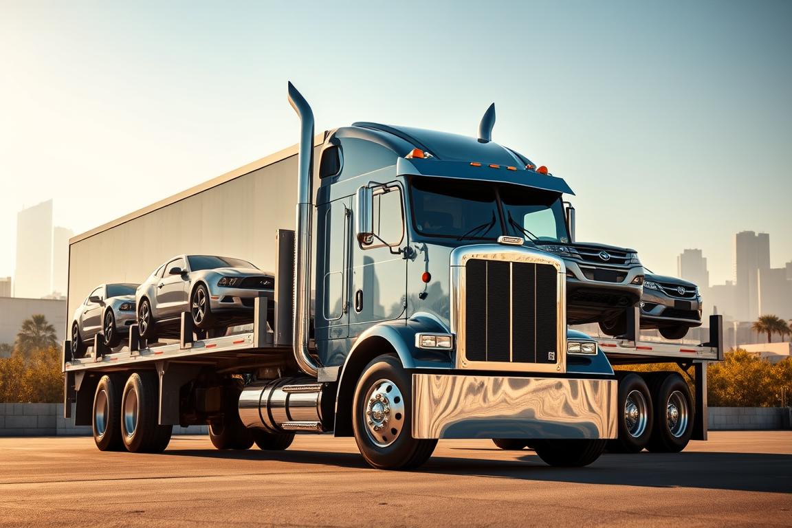 A massive, boxy car hauler truck stands prominently in the foreground, its sleek metal surface gleaming under warm afternoon sunlight. The vehicle's towering height and imposing presence command attention, with a wide, rectangular cargo bed capable of carrying multiple automobiles. In the middle ground, the truck's cab features a bold, aerodynamic design, complemented by sturdy chrome trim and powerful headlights that pierce through the scene. The background fades into a hazy, urban landscape, with towering skyscrapers and a clear, blue sky overhead, setting the stage for this powerful, utility-focused machine. A massive, boxy car hauler truck stands prominently in the foreground, its sleek metal surface gleaming under warm afternoon sunlight. The vehicle's towering height and imposing presence command attention, with a wide, rectangular cargo bed capable of carrying multiple automobiles. In the middle ground, the truck's cab features a bold, aerodynamic design, complemented by sturdy chrome trim and powerful headlights that pierce through the scene. The background fades into a hazy, urban landscape, with towering skyscrapers and a clear, blue sky overhead, setting the stage for this powerful, utility-focused machine.