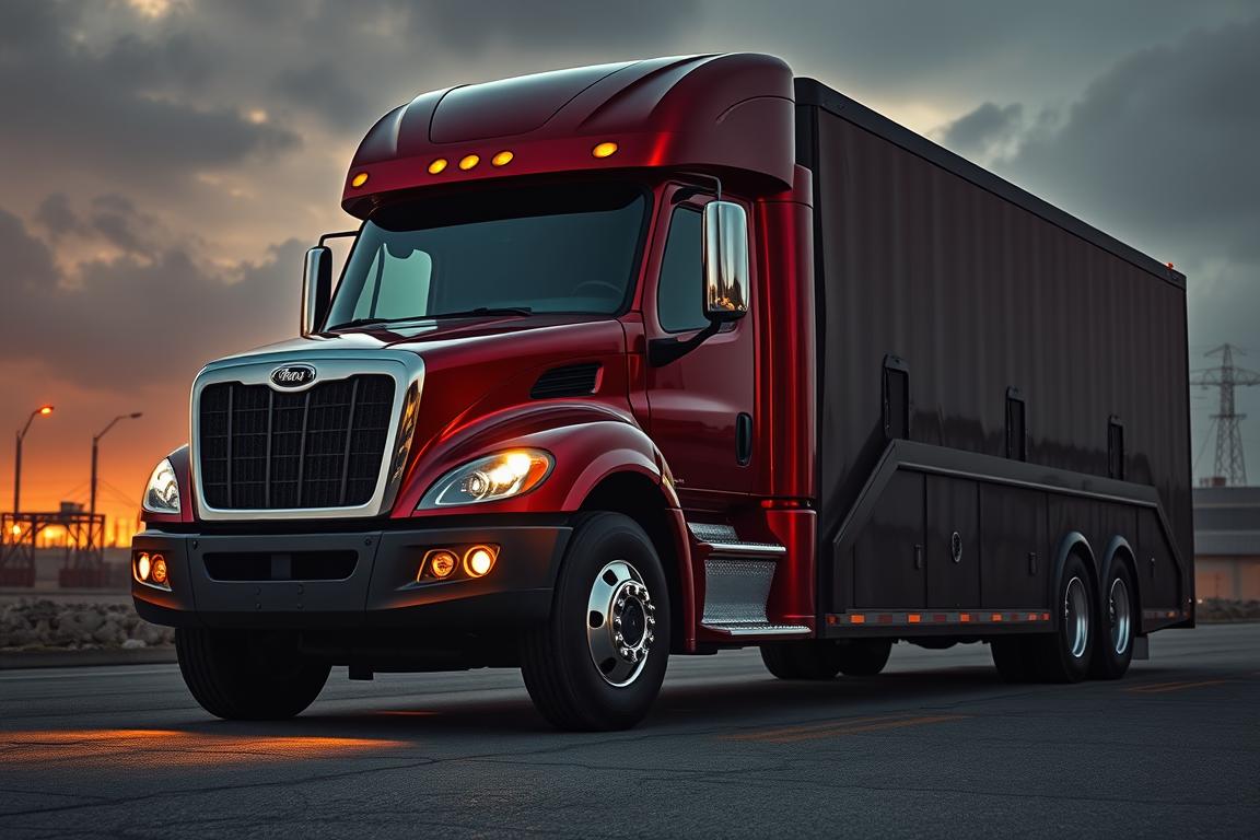 A meticulously detailed car hauler box truck, shot in a dramatic high-angle view that showcases its imposing size and rugged design. The truck's sleek, aerodynamic silhouette is highlighted by warm, directional lighting that casts dramatic shadows across its muscular frame. The cabin features a bold, angular grille and prominent headlights that convey a sense of power and capability. The cargo area is elevated, allowing ample space for transporting multiple vehicles securely. The scene is set against a moody, atmospheric backdrop, with a hint of an industrial urban landscape in the distance, emphasizing the truck's role as a hardworking, versatile workhorse. A meticulously detailed car hauler box truck, shot in a dramatic high-angle view that showcases its imposing size and rugged design. The truck's sleek, aerodynamic silhouette is highlighted by warm, directional lighting that casts dramatic shadows across its muscular frame. The cabin features a bold, angular grille and prominent headlights that convey a sense of power and capability. The cargo area is elevated, allowing ample space for transporting multiple vehicles securely. The scene is set against a moody, atmospheric backdrop, with a hint of an industrial urban landscape in the distance, emphasizing the truck's role as a hardworking, versatile workhorse.