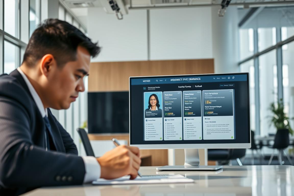 A modern, cleanly designed office interior with a professional, authoritative atmosphere. In the foreground, a businessperson signs insurance documents, their face partially obscured, conveying the privacy and importance of the process. In the middle ground, a computer screen displays driver profiles and vetting details, emphasizing the rigor of the evaluation. The background features floor-to-ceiling windows, allowing natural light to filter in and create a sense of openness and transparency. The overall scene suggests a meticulous, responsible approach to commercial transportation insurance and driver selection. A modern, cleanly designed office interior with a professional, authoritative atmosphere. In the foreground, a businessperson signs insurance documents, their face partially obscured, conveying the privacy and importance of the process. In the middle ground, a computer screen displays driver profiles and vetting details, emphasizing the rigor of the evaluation. The background features floor-to-ceiling windows, allowing natural light to filter in and create a sense of openness and transparency. The overall scene suggests a meticulous, responsible approach to commercial transportation insurance and driver selection.