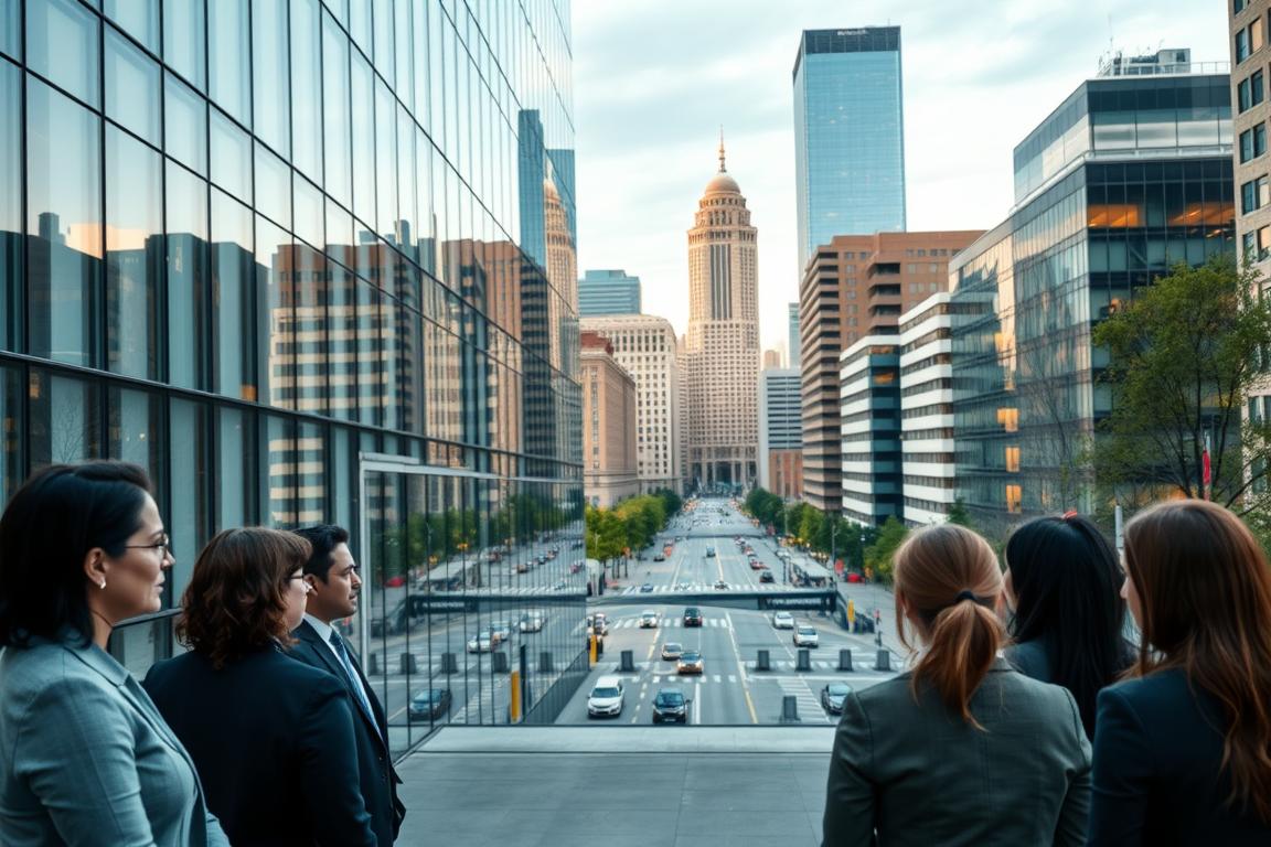 A modern office building with floor-to-ceiling windows, situated in the heart of downtown Kansas City. The exterior is adorned with clean, minimalist lines and a mix of glass and steel, exuding a sense of professionalism and compliance. In the foreground, a group of people in business attire are gathered, discussing regulations and policies, their expressions conveying a serious yet thoughtful demeanor. The background features the iconic skyline of Kansas City, with its distinctive architecture and bustling streets, creating a sense of place and context. The lighting is soft and warm, casting a subtle glow over the scene, and the camera angle is slightly elevated, providing a comprehensive view of the setting. A modern office building with floor-to-ceiling windows, situated in the heart of downtown Kansas City. The exterior is adorned with clean, minimalist lines and a mix of glass and steel, exuding a sense of professionalism and compliance. In the foreground, a group of people in business attire are gathered, discussing regulations and policies, their expressions conveying a serious yet thoughtful demeanor. The background features the iconic skyline of Kansas City, with its distinctive architecture and bustling streets, creating a sense of place and context. The lighting is soft and warm, casting a subtle glow over the scene, and the camera angle is slightly elevated, providing a comprehensive view of the setting.