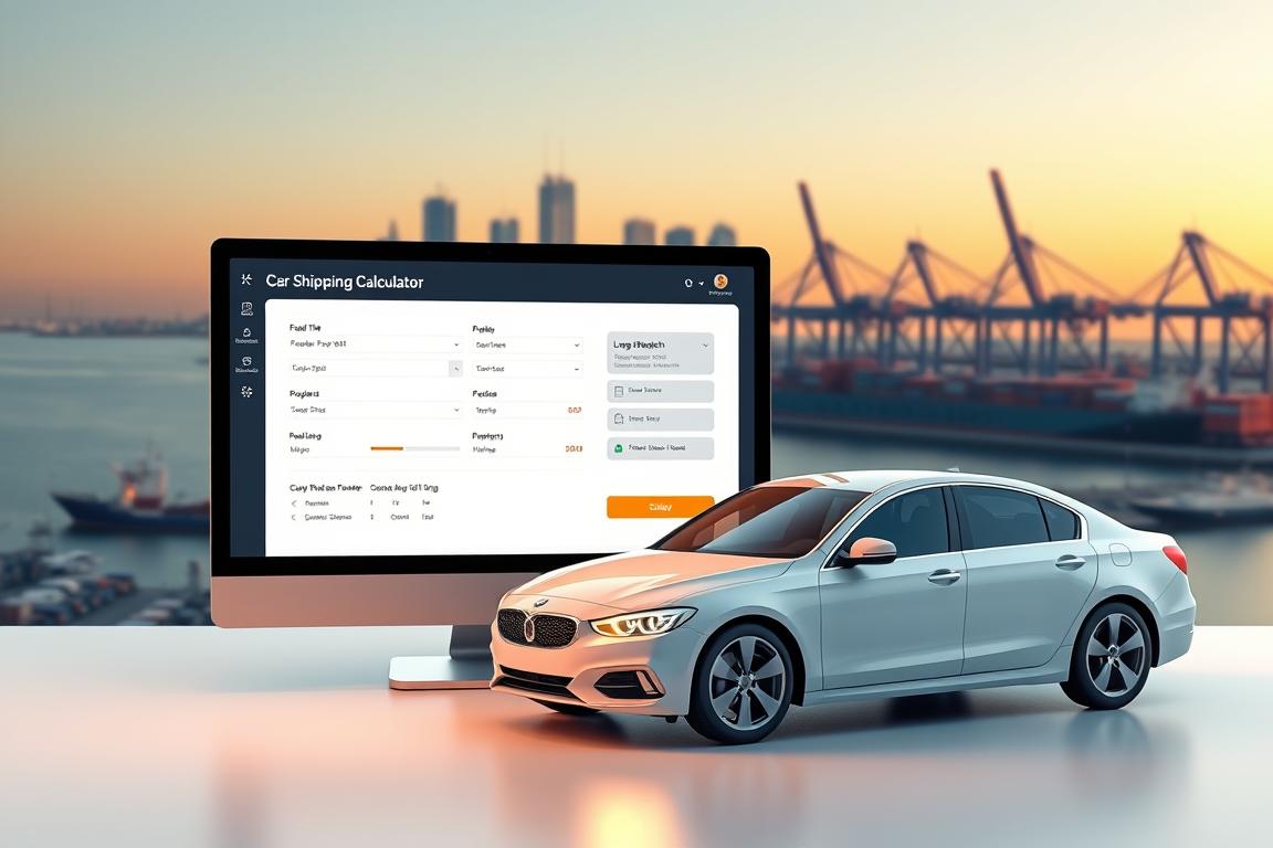 A modern, sleek car shipping calculator interface on a large desktop computer screen, set against the backdrop of the iconic Long Beach skyline. The screen displays a clean, user-friendly design with intuitive sliders and input fields for customizing car shipping parameters. The foreground features a well-lit, high-quality 3D rendered model of a mid-size sedan, allowing users to visualize the shipping process. The middle ground showcases the bustling Long Beach port, with cargo ships and cranes in the distance, emphasizing the scale and efficiency of the auto transport operation. Soft, warm lighting illuminates the scene, creating a professional and trustworthy atmosphere. A modern, sleek car shipping calculator interface on a large desktop computer screen, set against the backdrop of the iconic Long Beach skyline. The screen displays a clean, user-friendly design with intuitive sliders and input fields for customizing car shipping parameters. The foreground features a well-lit, high-quality 3D rendered model of a mid-size sedan, allowing users to visualize the shipping process. The middle ground showcases the bustling Long Beach port, with cargo ships and cranes in the distance, emphasizing the scale and efficiency of the auto transport operation. Soft, warm lighting illuminates the scene, creating a professional and trustworthy atmosphere.