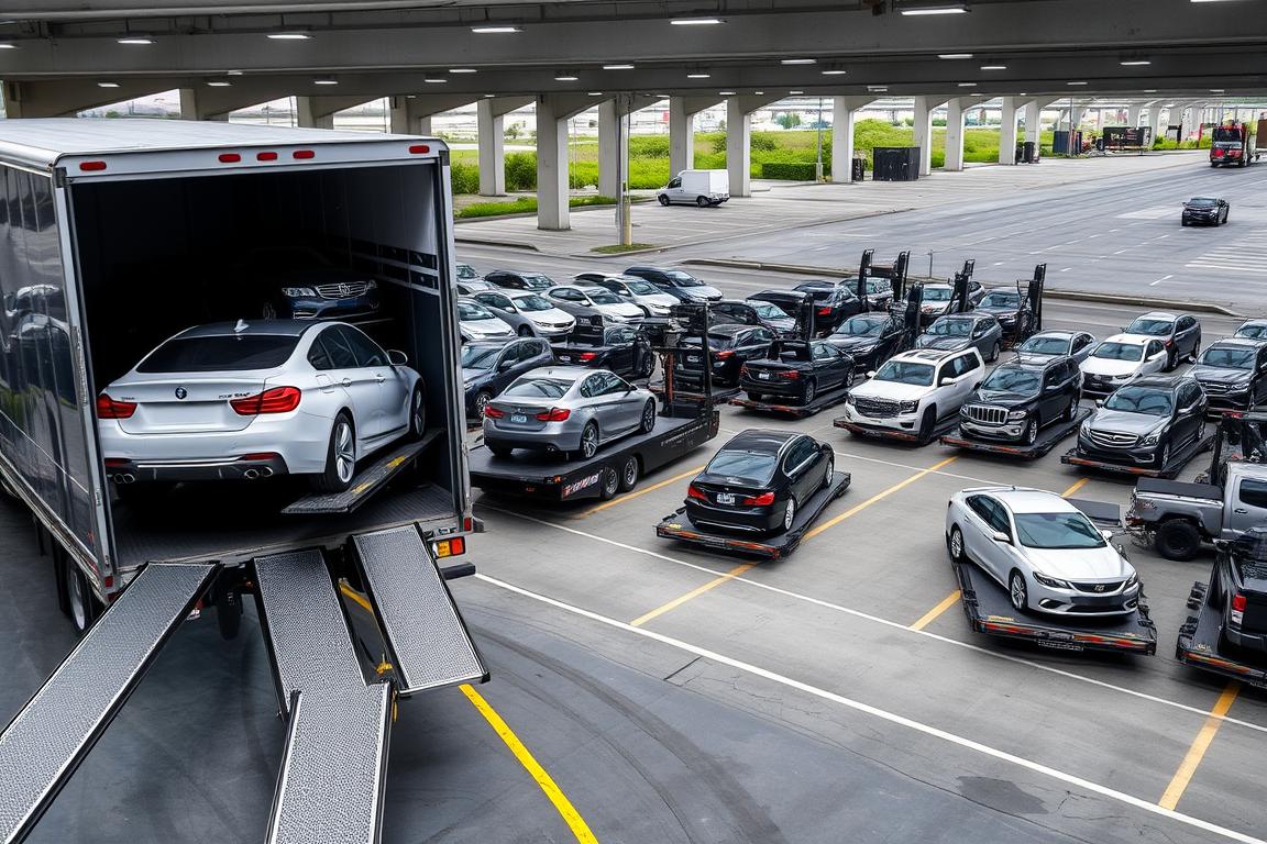 A modern, well-lit open-air car shipping yard, with rows of various makes and models of vehicles neatly arranged and secured on sturdy transport carriers. In the foreground, an enclosed car hauler truck is loaded with luxury sedans, its rear doors open, revealing the carefully protected interior. The middle ground features a mix of open and enclosed car carriers, their beds filled with an assortment of passenger cars, SUVs, and pickup trucks. In the background, a distant highway with passing traffic adds a sense of scale and transportation logistics. The scene conveys efficiency, attention to detail, and a professional approach to the open and enclosed car shipping services. A modern, well-lit open-air car shipping yard, with rows of various makes and models of vehicles neatly arranged and secured on sturdy transport carriers. In the foreground, an enclosed car hauler truck is loaded with luxury sedans, its rear doors open, revealing the carefully protected interior. The middle ground features a mix of open and enclosed car carriers, their beds filled with an assortment of passenger cars, SUVs, and pickup trucks. In the background, a distant highway with passing traffic adds a sense of scale and transportation logistics. The scene conveys efficiency, attention to detail, and a professional approach to the open and enclosed car shipping services.