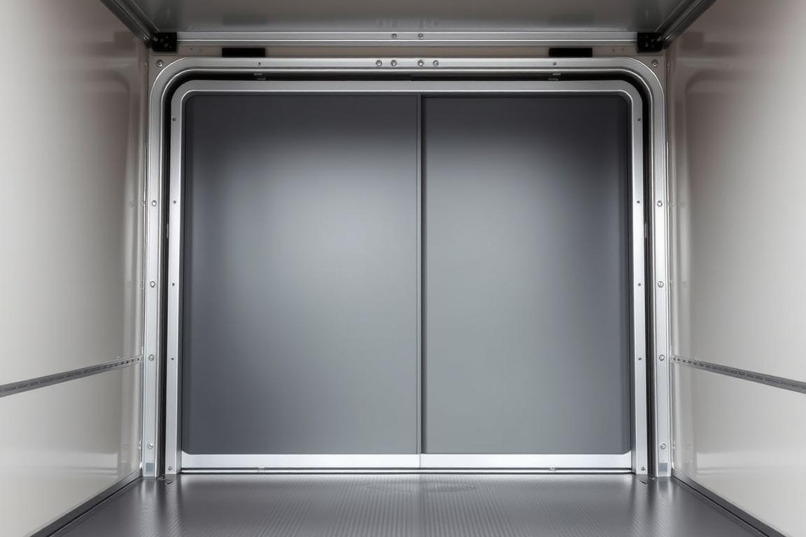 A rugged, industrial door with a heavy-duty frame, made of sturdy metal or high-impact plastic. The door has a sleek, minimalist design with clean lines and a matte finish, complementing the utilitarian aesthetic of a commercial vehicle. The door is positioned in the middle ground, with a well-lit, neutral-toned background that showcases its functional features. The lighting is soft and even, creating a sense of depth and highlighting the door's texture and materiality. The angle is slightly elevated, giving the viewer a perspective that conveys the door's sturdy construction and its importance as a key component of the vehicle's design. A rugged, industrial door with a heavy-duty frame, made of sturdy metal or high-impact plastic. The door has a sleek, minimalist design with clean lines and a matte finish, complementing the utilitarian aesthetic of a commercial vehicle. The door is positioned in the middle ground, with a well-lit, neutral-toned background that showcases its functional features. The lighting is soft and even, creating a sense of depth and highlighting the door's texture and materiality. The angle is slightly elevated, giving the viewer a perspective that conveys the door's sturdy construction and its importance as a key component of the vehicle's design.