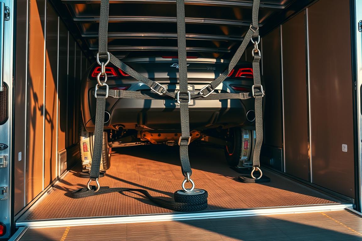 A secure and well-designed load security system protects valuable cargo on an enclosed car hauler trailer. A robust ratchet strap system secures vehicles in place, with heavy-duty D-rings bolted to the trailer's frame. The trailer's metallic exterior gleams under warm, directional lighting, casting dramatic shadows that accentuate the rugged design. The trailer's interior is neatly organized, with accessories like wheel chocks and cargo tie-downs visible, conveying a sense of safety and reliability. The overall scene exudes a professional, industrial atmosphere, instilling confidence in the trailer's ability to safeguard its precious automotive payload. A secure and well-designed load security system protects valuable cargo on an enclosed car hauler trailer. A robust ratchet strap system secures vehicles in place, with heavy-duty D-rings bolted to the trailer's frame. The trailer's metallic exterior gleams under warm, directional lighting, casting dramatic shadows that accentuate the rugged design. The trailer's interior is neatly organized, with accessories like wheel chocks and cargo tie-downs visible, conveying a sense of safety and reliability. The overall scene exudes a professional, industrial atmosphere, instilling confidence in the trailer's ability to safeguard its precious automotive payload.