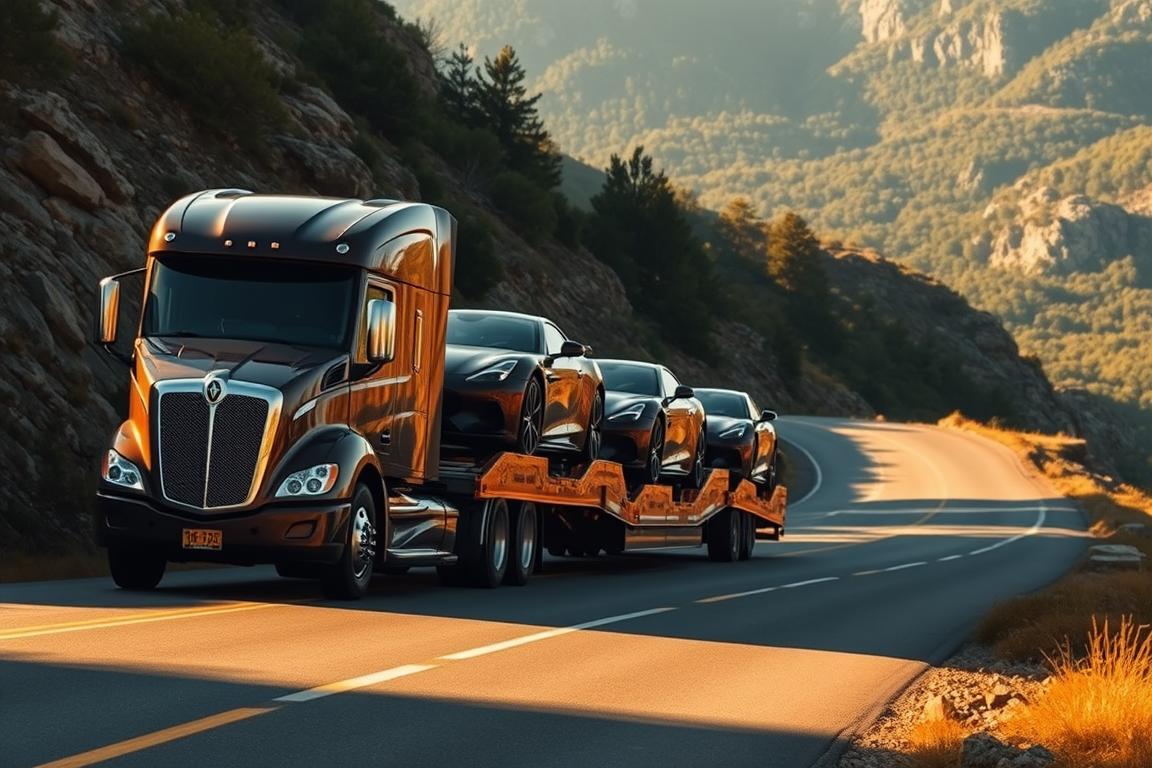 A sleek and specialized car carrier transporting a fleet of luxury vehicles down a winding mountain road. The carrier's cab is bathed in warm, golden light, casting long shadows across the polished chrome and paint of the cars it's carrying. In the distance, the road curves through a picturesque landscape of lush green forests and rugged cliffs. The scene conveys a sense of efficiency, power, and the bespoke transportation of valuable, high-end automobiles to their final destination. A sleek and specialized car carrier transporting a fleet of luxury vehicles down a winding mountain road. The carrier's cab is bathed in warm, golden light, casting long shadows across the polished chrome and paint of the cars it's carrying. In the distance, the road curves through a picturesque landscape of lush green forests and rugged cliffs. The scene conveys a sense of efficiency, power, and the bespoke transportation of valuable, high-end automobiles to their final destination.