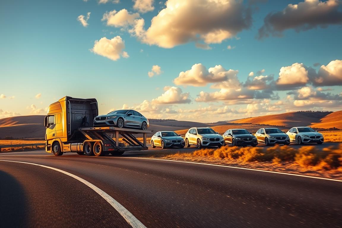 A sleek car carrier truck navigates a winding highway, its sturdy frame and hydraulic ramps ready to load and transport a fleet of gleaming vehicles. The scene is bathed in warm, golden light, casting long shadows on the asphalt and creating a sense of motion and anticipation. In the middle distance, a row of pristine cars awaits their journey, their polished exteriors reflecting the surrounding landscape. The background is a serene countryside, with rolling hills and a vibrant blue sky dotted with fluffy white clouds, conveying a peaceful and efficient transport process. A sleek car carrier truck navigates a winding highway, its sturdy frame and hydraulic ramps ready to load and transport a fleet of gleaming vehicles. The scene is bathed in warm, golden light, casting long shadows on the asphalt and creating a sense of motion and anticipation. In the middle distance, a row of pristine cars awaits their journey, their polished exteriors reflecting the surrounding landscape. The background is a serene countryside, with rolling hills and a vibrant blue sky dotted with fluffy white clouds, conveying a peaceful and efficient transport process.