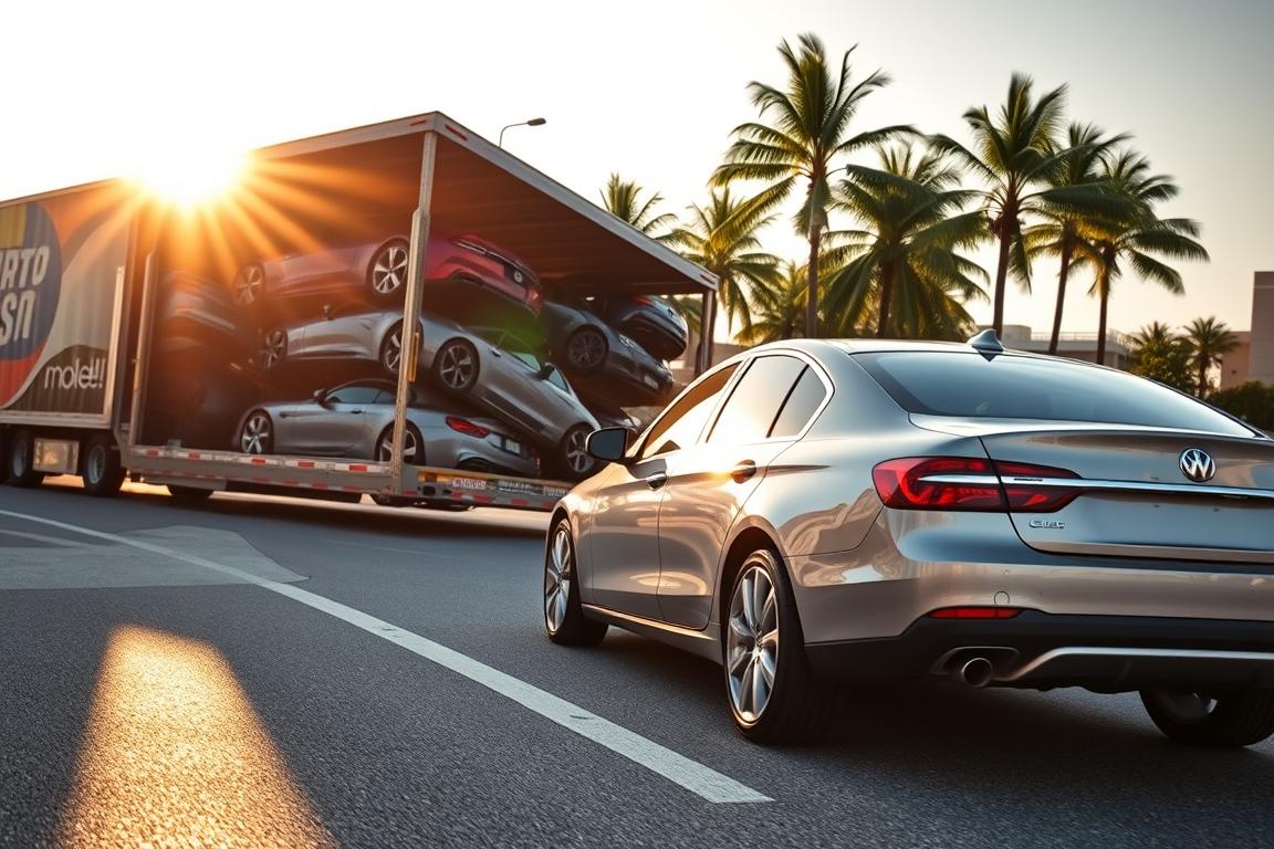 A sleek car carrier truck navigates the bustling streets of Sarasota, its trailer loaded with a diverse array of vehicles. The sun casts a warm, golden glow, casting long shadows on the asphalt. In the foreground, a well-polished sedan takes center stage, its gleaming chrome and vibrant color reflecting the city's vibrant atmosphere. The truck's side panels display the logo of a reputable auto transport company, instilling a sense of professionalism and reliability. In the background, palm trees sway gently, adding a touch of tropical flair to the scene. The camera angle captures the dynamic movement of the car shipping process, showcasing the seamless door-to-door service that customers in Sarasota have come to expect. A sleek car carrier truck navigates the bustling streets of Sarasota, its trailer loaded with a diverse array of vehicles. The sun casts a warm, golden glow, casting long shadows on the asphalt. In the foreground, a well-polished sedan takes center stage, its gleaming chrome and vibrant color reflecting the city's vibrant atmosphere. The truck's side panels display the logo of a reputable auto transport company, instilling a sense of professionalism and reliability. In the background, palm trees sway gently, adding a touch of tropical flair to the scene. The camera angle captures the dynamic movement of the car shipping process, showcasing the seamless door-to-door service that customers in Sarasota have come to expect.