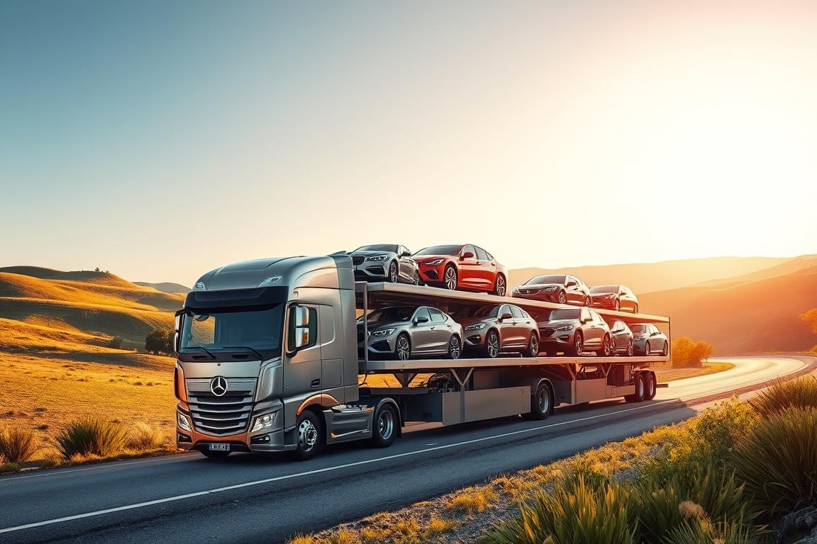 A sleek car transport truck carrying a diverse array of vehicles, including sedans, SUVs, and luxury models, winding its way through a picturesque landscape. The truck is illuminated by warm, golden sunlight, casting dynamic shadows and highlights across its metallic surface. The background features rolling hills, lush greenery, and a clear blue sky, creating a serene and inviting atmosphere. The composition emphasizes the size and scale of the transport, highlighting its ability to safely and efficiently move a variety of cars from one location to another, catering to the diverse needs of individuals and businesses alike. A sleek car transport truck carrying a diverse array of vehicles, including sedans, SUVs, and luxury models, winding its way through a picturesque landscape. The truck is illuminated by warm, golden sunlight, casting dynamic shadows and highlights across its metallic surface. The background features rolling hills, lush greenery, and a clear blue sky, creating a serene and inviting atmosphere. The composition emphasizes the size and scale of the transport, highlighting its ability to safely and efficiently move a variety of cars from one location to another, catering to the diverse needs of individuals and businesses alike.