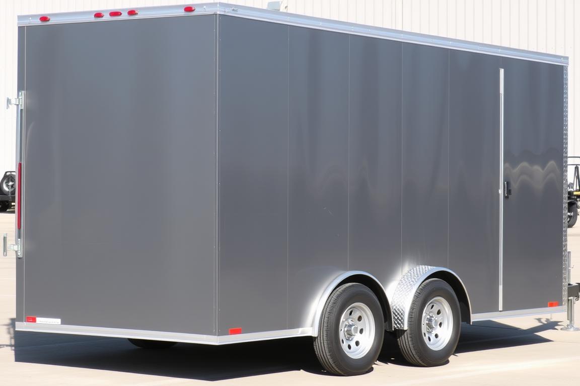 A sleek, metallic-grey enclosed car trailer stands tall, its smooth exterior reflecting the sunlight. The trailer's robust frame and reinforced walls suggest its purpose of safely transporting precious cargo. Inside, the spacious interior is expertly outfitted with sturdy tie-down hooks and ample storage space. The trailer's aerodynamic design and recessed wheel wells minimize wind resistance, enabling fuel-efficient towing. A high-quality towing hitch connects the trailer seamlessly to the towing vehicle, ensuring a stable and secure ride. Taken from a slightly elevated angle, the image showcases the trailer's impressive size and rugged construction, highlighting its utility as a practical and reliable solution for transporting valuable automobiles. A sleek, metallic-grey enclosed car trailer stands tall, its smooth exterior reflecting the sunlight. The trailer's robust frame and reinforced walls suggest its purpose of safely transporting precious cargo. Inside, the spacious interior is expertly outfitted with sturdy tie-down hooks and ample storage space. The trailer's aerodynamic design and recessed wheel wells minimize wind resistance, enabling fuel-efficient towing. A high-quality towing hitch connects the trailer seamlessly to the towing vehicle, ensuring a stable and secure ride. Taken from a slightly elevated angle, the image showcases the trailer's impressive size and rugged construction, highlighting its utility as a practical and reliable solution for transporting valuable automobiles.