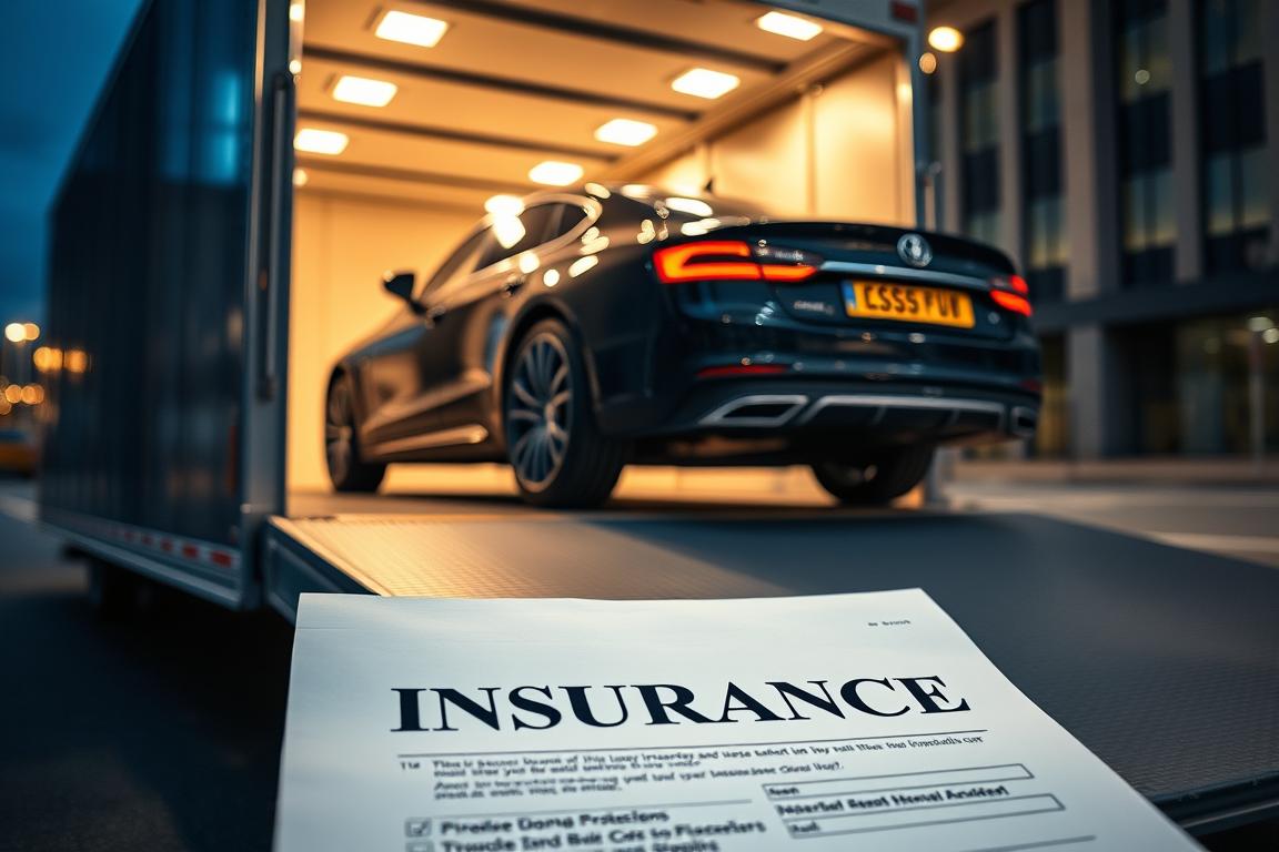 A sleek, modern car being loaded onto a car transport trailer, with an insurance policy prominently featured in the foreground. The trailer is situated in a well-lit, urban setting, with a professional, authoritative atmosphere. The insurance document is crisp and legible, conveying a sense of security and protection for the valuable vehicle. The lighting is warm and directional, casting subtle shadows that add depth and dimension to the scene. The camera angle is slightly elevated, creating a sense of confidence and reliability in the transportation service. The overall composition is balanced and visually compelling, drawing the viewer's attention to the key elements of insurance and protection for the car shipping process. A sleek, modern car being loaded onto a car transport trailer, with an insurance policy prominently featured in the foreground. The trailer is situated in a well-lit, urban setting, with a professional, authoritative atmosphere. The insurance document is crisp and legible, conveying a sense of security and protection for the valuable vehicle. The lighting is warm and directional, casting subtle shadows that add depth and dimension to the scene. The camera angle is slightly elevated, creating a sense of confidence and reliability in the transportation service. The overall composition is balanced and visually compelling, drawing the viewer's attention to the key elements of insurance and protection for the car shipping process.