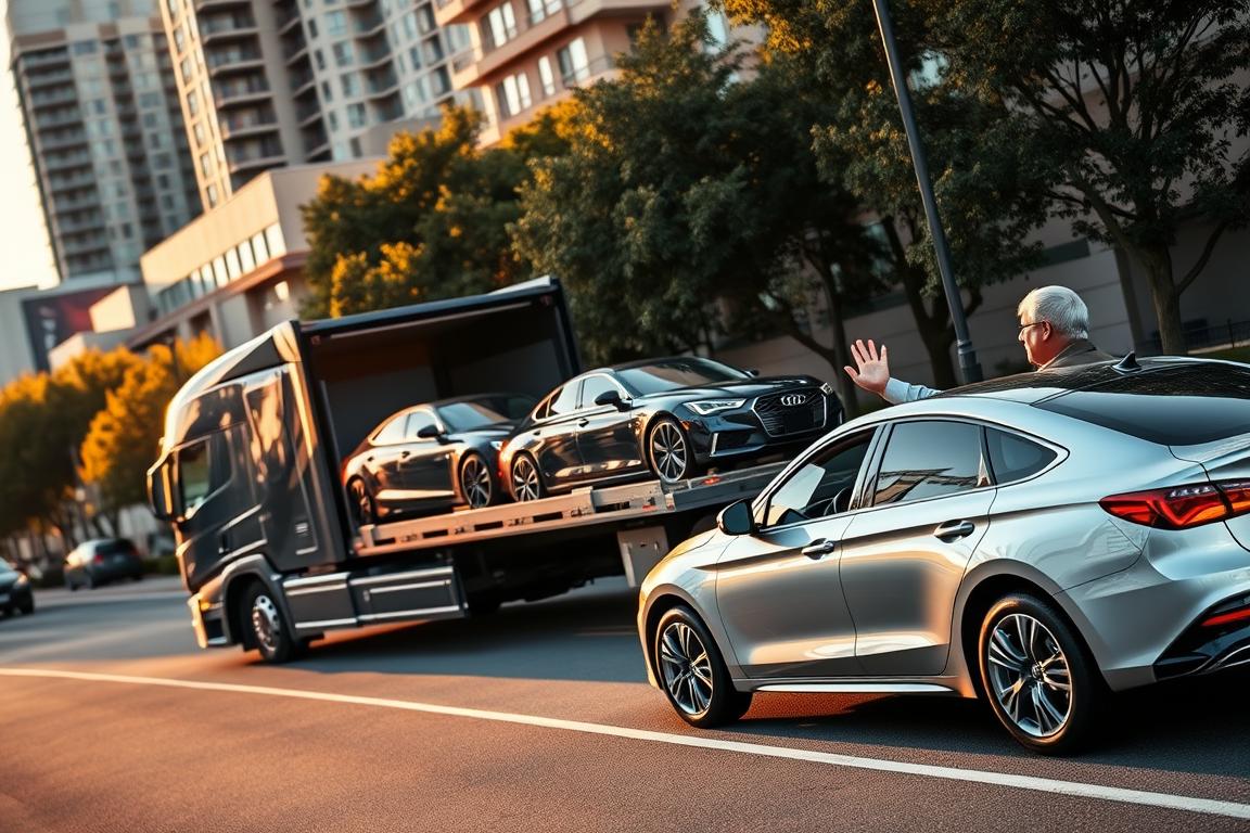 A sleek, modern car carrier truck navigates a city street, its trailer loaded with shiny vehicles. In the foreground, a homeowner waves to the driver, signaling the door-to-door delivery service. The scene is bathed in warm, golden-hour lighting, casting long shadows and highlighting the glossy finishes of the cars. The urban backdrop features a mix of high-rise buildings and tree-lined sidewalks, creating a sense of convenience and accessibility for this premium transportation solution. The camera angle is slightly elevated, providing a bird's-eye view of the efficient, hassle-free car shipping process. A sleek, modern car carrier truck navigates a city street, its trailer loaded with shiny vehicles. In the foreground, a homeowner waves to the driver, signaling the door-to-door delivery service. The scene is bathed in warm, golden-hour lighting, casting long shadows and highlighting the glossy finishes of the cars. The urban backdrop features a mix of high-rise buildings and tree-lined sidewalks, creating a sense of convenience and accessibility for this premium transportation solution. The camera angle is slightly elevated, providing a bird's-eye view of the efficient, hassle-free car shipping process.