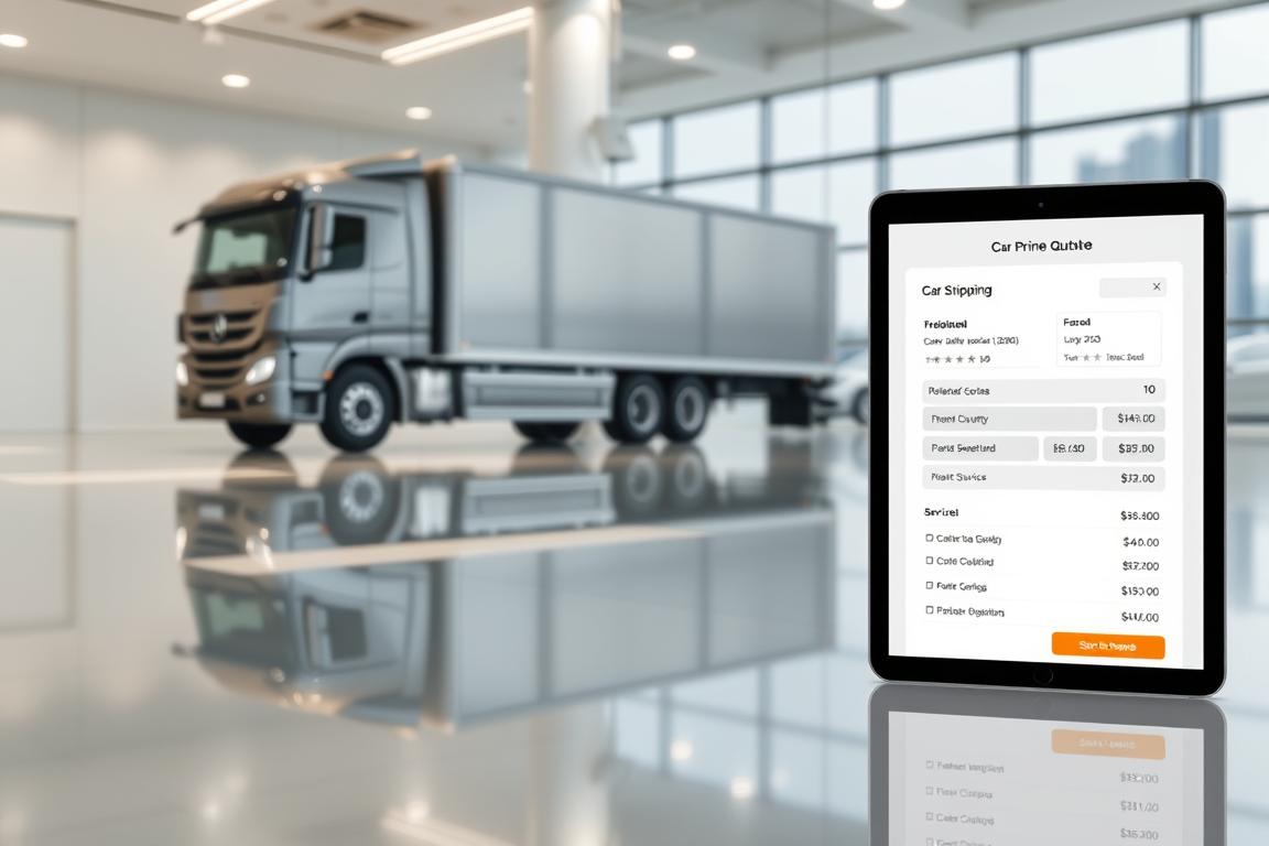 A sleek, modern car on a glossy showroom floor, surrounded by a minimalist, well-lit interior with clean lines and muted tones. In the foreground, a tablet displays a detailed pricing quote for car shipping, featuring clear breakdowns of costs, timelines, and service options. The middle ground showcases a professional transport truck, its metallic surface gleaming under the studio lighting, ready to whisk the vehicle to its destination. In the background, a blurred cityscape suggests the efficient, reliable shipping network that underpins the service. The overall mood is one of precision, transparency, and the confidence that comes with a comprehensive, customer-focused approach to car transport. A sleek, modern car on a glossy showroom floor, surrounded by a minimalist, well-lit interior with clean lines and muted tones. In the foreground, a tablet displays a detailed pricing quote for car shipping, featuring clear breakdowns of costs, timelines, and service options. The middle ground showcases a professional transport truck, its metallic surface gleaming under the studio lighting, ready to whisk the vehicle to its destination. In the background, a blurred cityscape suggests the efficient, reliable shipping network that underpins the service. The overall mood is one of precision, transparency, and the confidence that comes with a comprehensive, customer-focused approach to car transport.