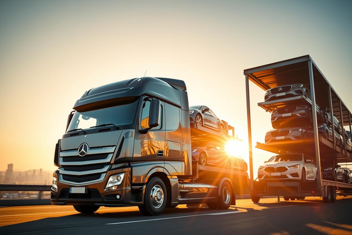A sleek, modern car transport truck, its trailer filled with a diverse array of vehicles, is captured in a dynamic, low-angle shot. The sun casts warm, golden light across the scene, highlighting the sheen of the metallic surfaces and the subtle curves of the automobiles. In the foreground, the truck's massive front grille and powerful headlights dominate, conveying a sense of strength and reliability. The middle ground features the neatly stacked cars, each meticulously secured and protected during transit. In the background, a sprawling cityscape or highway setting provides a contextual backdrop, suggesting the efficient movement of vehicles across long distances. The overall composition and lighting evoke a mood of professionalism, efficiency, and the essential role of car transport services in modern transportation. A sleek, modern car transport truck, its trailer filled with a diverse array of vehicles, is captured in a dynamic, low-angle shot. The sun casts warm, golden light across the scene, highlighting the sheen of the metallic surfaces and the subtle curves of the automobiles. In the foreground, the truck's massive front grille and powerful headlights dominate, conveying a sense of strength and reliability. The middle ground features the neatly stacked cars, each meticulously secured and protected during transit. In the background, a sprawling cityscape or highway setting provides a contextual backdrop, suggesting the efficient movement of vehicles across long distances. The overall composition and lighting evoke a mood of professionalism, efficiency, and the essential role of car transport services in modern transportation.