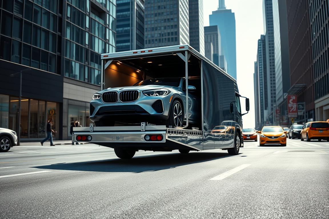 A sleek, modern shop car transport vehicle navigates a busy urban landscape, its glossy exterior reflecting the bustling surroundings. In the foreground, the box truck's spacious cargo bay stands ready to safely and efficiently transport a variety of vehicles. Midground, the powerful engine and sturdy chassis convey a sense of strength and reliability. In the background, skyscrapers and city streets set the scene, highlighting the transport's versatility in the U.S. market. Crisp, directional lighting accentuates the vehicle's design, creating a bold, professional atmosphere suitable for the discerning automotive enthusiast. A sleek, modern shop car transport vehicle navigates a busy urban landscape, its glossy exterior reflecting the bustling surroundings. In the foreground, the box truck's spacious cargo bay stands ready to safely and efficiently transport a variety of vehicles. Midground, the powerful engine and sturdy chassis convey a sense of strength and reliability. In the background, skyscrapers and city streets set the scene, highlighting the transport's versatility in the U.S. market. Crisp, directional lighting accentuates the vehicle's design, creating a bold, professional atmosphere suitable for the discerning automotive enthusiast.