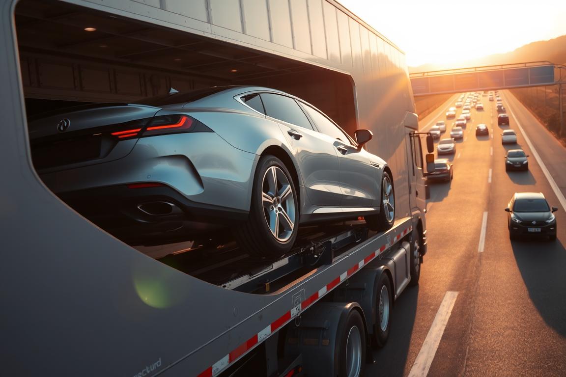 A sleek silver car being loaded onto a large car carrier truck, the sun casting a warm glow on the scene. The carrier's hydraulic lift gently raises the car as the driver expertly guides it into place, securing it for transport. In the background, a bustling highway with other carriers and passenger vehicles creates a sense of movement and activity. The composition emphasizes the size and scale of the car shipping operation, capturing the efficiency and precision of the process. A sleek silver car being loaded onto a large car carrier truck, the sun casting a warm glow on the scene. The carrier's hydraulic lift gently raises the car as the driver expertly guides it into place, securing it for transport. In the background, a bustling highway with other carriers and passenger vehicles creates a sense of movement and activity. The composition emphasizes the size and scale of the car shipping operation, capturing the efficiency and precision of the process.