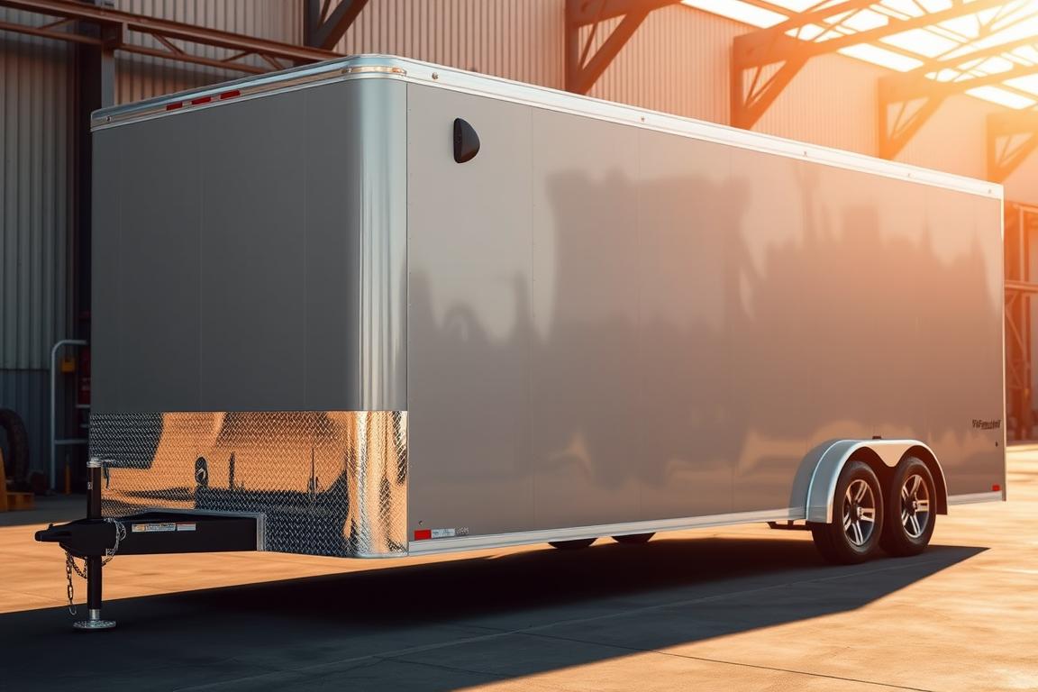 A sleek, well-built 20ft enclosed car trailer stands in a sun-dappled industrial setting. Sturdy steel frame and heavy-duty aluminum body gleam under the warm light, conveying a sense of quality craftsmanship. The trailer's aerodynamic profile and reinforced walls hint at its robust construction, designed to protect and transport vehicles with confidence. In the foreground, close-up details reveal meticulously welded joints, weather-resistant seals, and secure locking mechanisms - tangible evidence of the trailer's exceptional build quality. The overall scene exudes a professional, trustworthy atmosphere, inspiring a feeling of reliability and safety for every haul.
