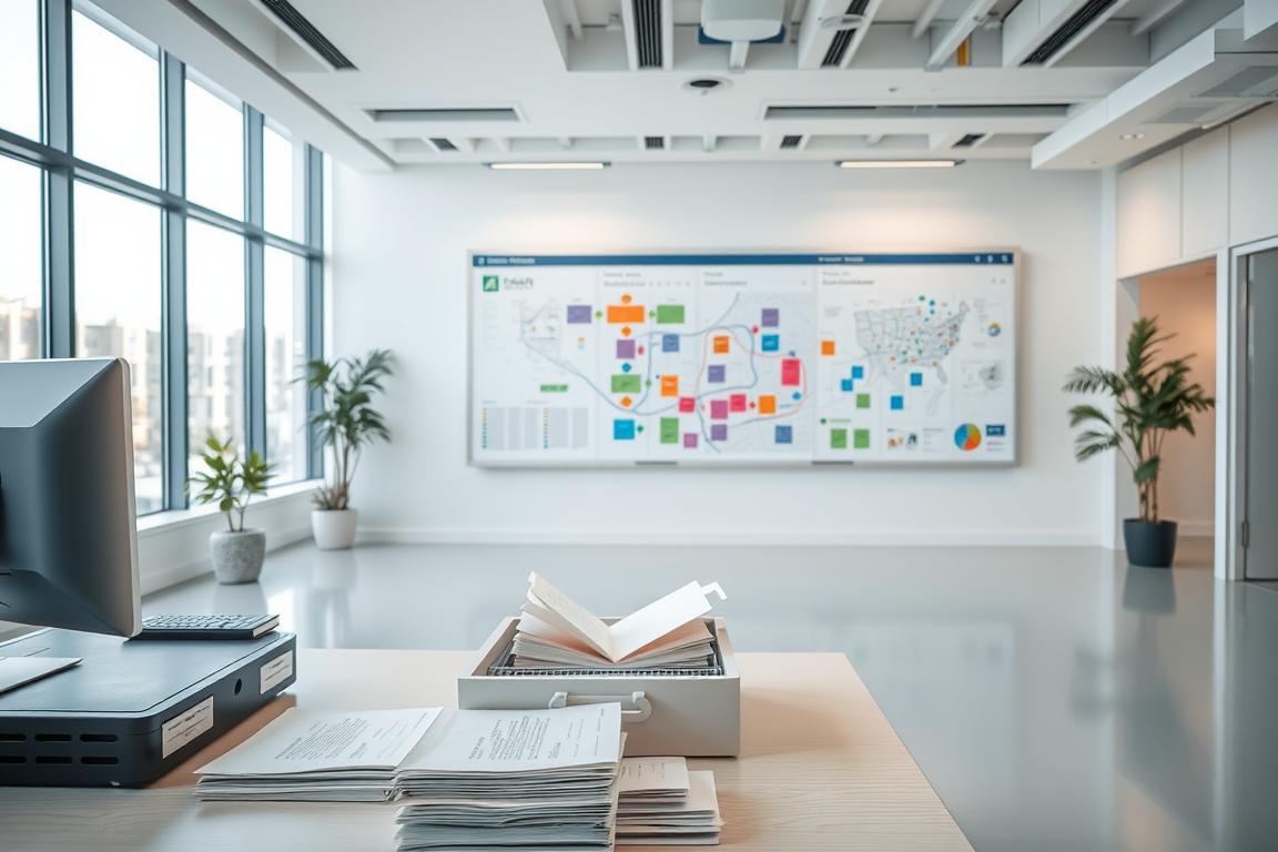 A spacious, modern office with a clean, minimalist aesthetic. In the foreground, a well-organized desk with a computer, papers neatly stacked, and a meticulously labeled sorting tray. The middle ground features a large, interactive display board with color-coded notes and a detailed route map, conveying a sense of efficient planning and optimization. The background showcases floor-to-ceiling windows, allowing natural light to flood the space and create a bright, airy atmosphere. The overall scene radiates a professional, streamlined, and customer-centric vibe, perfectly capturing the essence of "Transparent Booking, Sorting Routes, and Getting a Quote". A spacious, modern office with a clean, minimalist aesthetic. In the foreground, a well-organized desk with a computer, papers neatly stacked, and a meticulously labeled sorting tray. The middle ground features a large, interactive display board with color-coded notes and a detailed route map, conveying a sense of efficient planning and optimization. The background showcases floor-to-ceiling windows, allowing natural light to flood the space and create a bright, airy atmosphere. The overall scene radiates a professional, streamlined, and customer-centric vibe, perfectly capturing the essence of "Transparent Booking, Sorting Routes, and Getting a Quote".